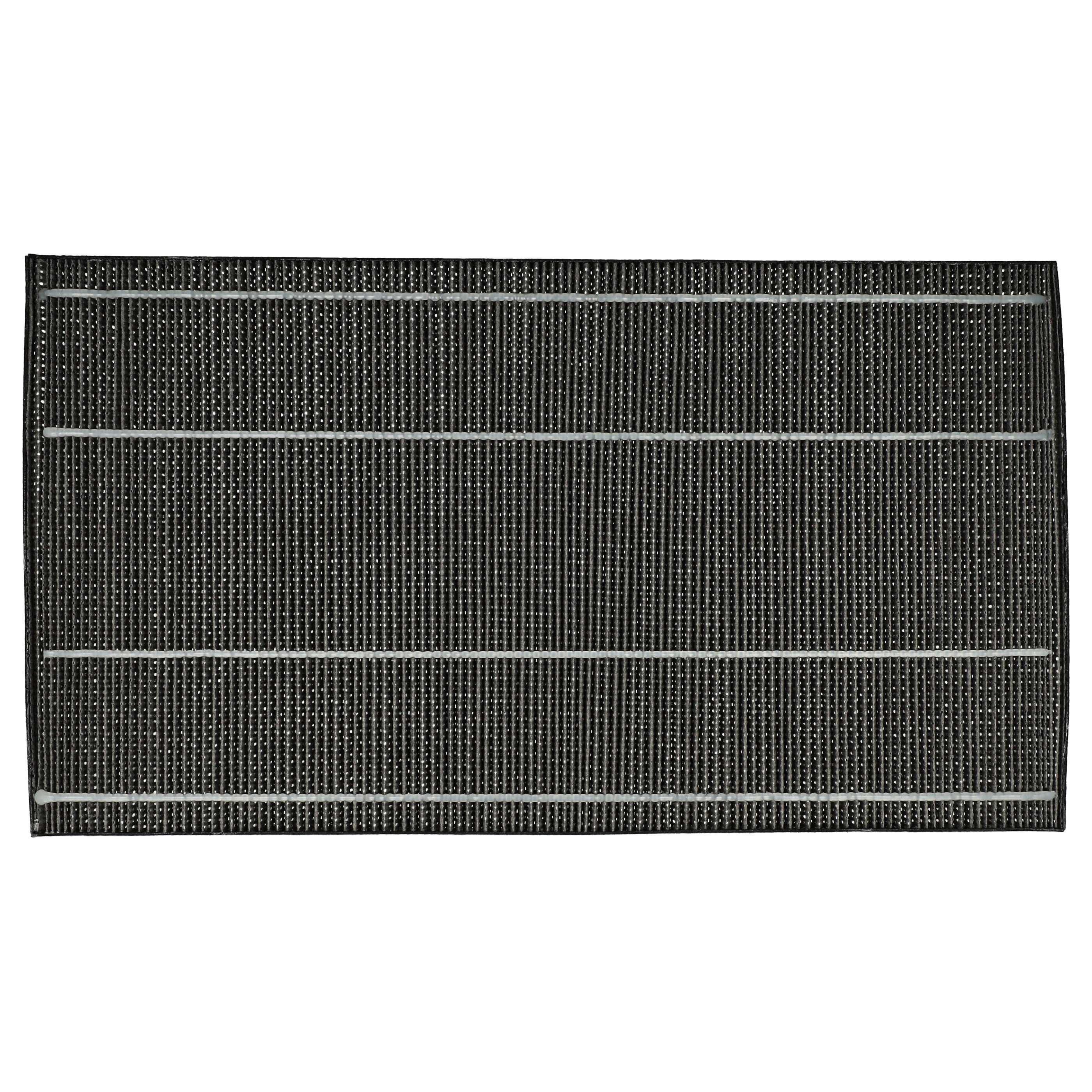 Rechteckiger Luftfilter. Schwarze, strukturierte Oberfläche mit vertikalen Linien. Drei weiße horizontale Streifen.