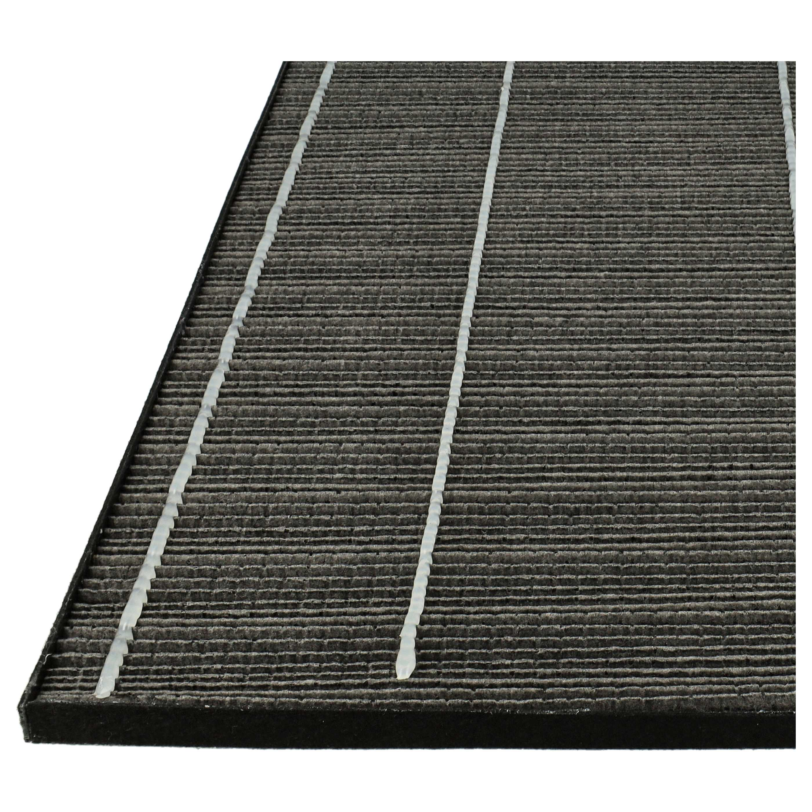 Ein Luftfilter mit schwarzem Rahmen und grauem Filtermaterial. Weiße Stützen verlaufen quer.