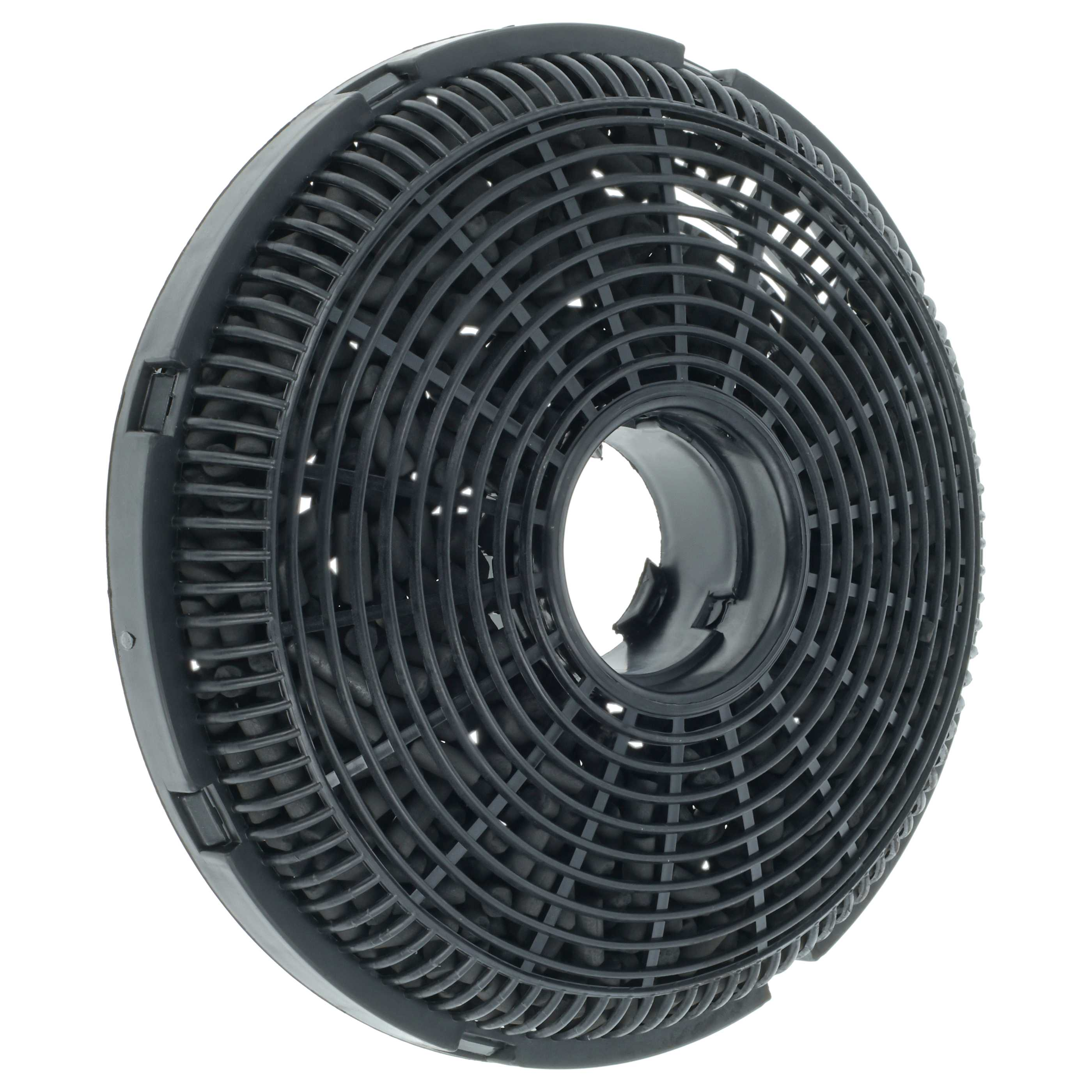 Ein kreisförmiger Aktivkohlefilter in Schwarz mit Gitterdesign. Die Mitte hat ein Loch. Der Hintergrund ist weiß.