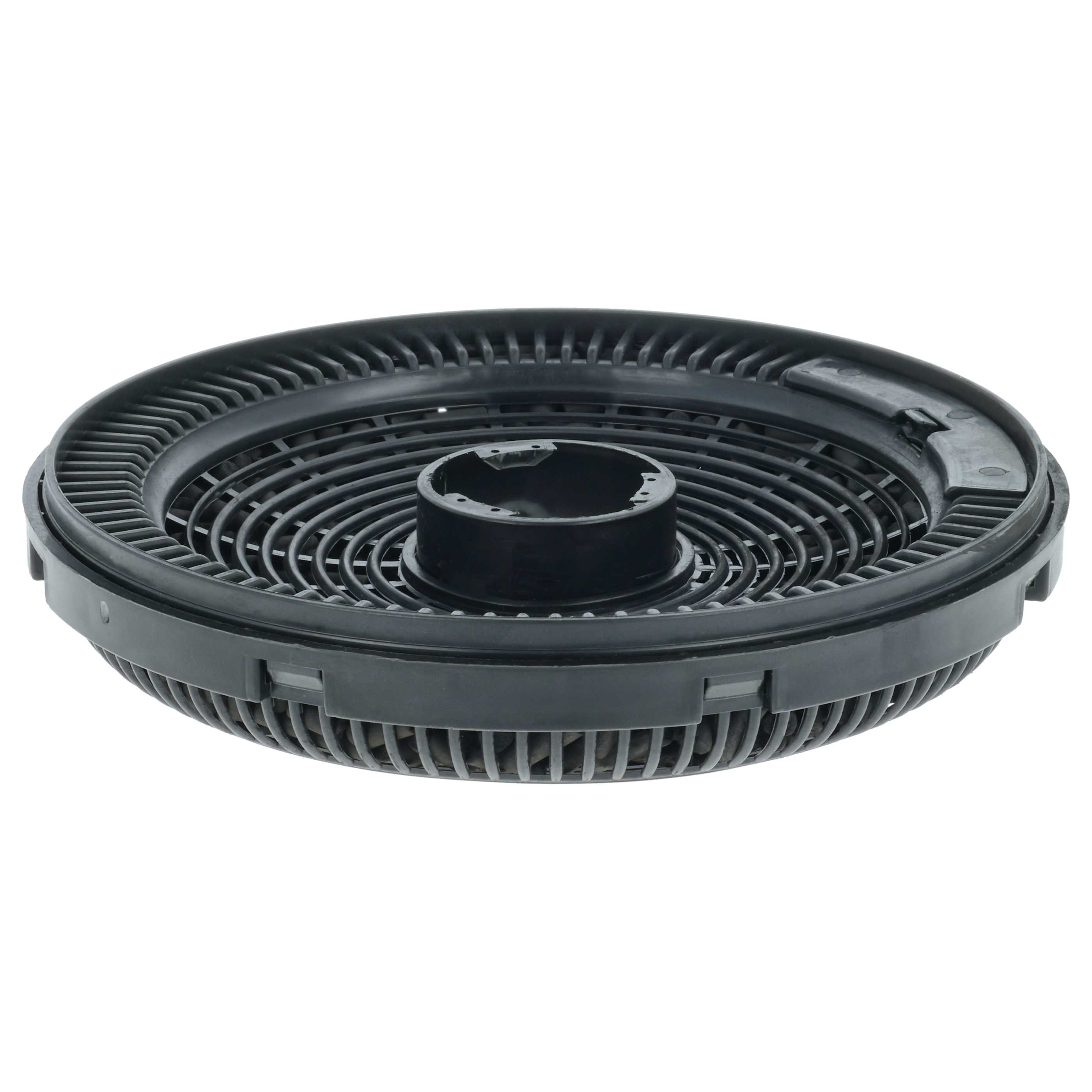 Ein schwarzer, kreisförmiger Dunstabzugsfilter. Er hat einen zentralen Zylinder und ein Maschendesign mit geriffelter Außenkante.