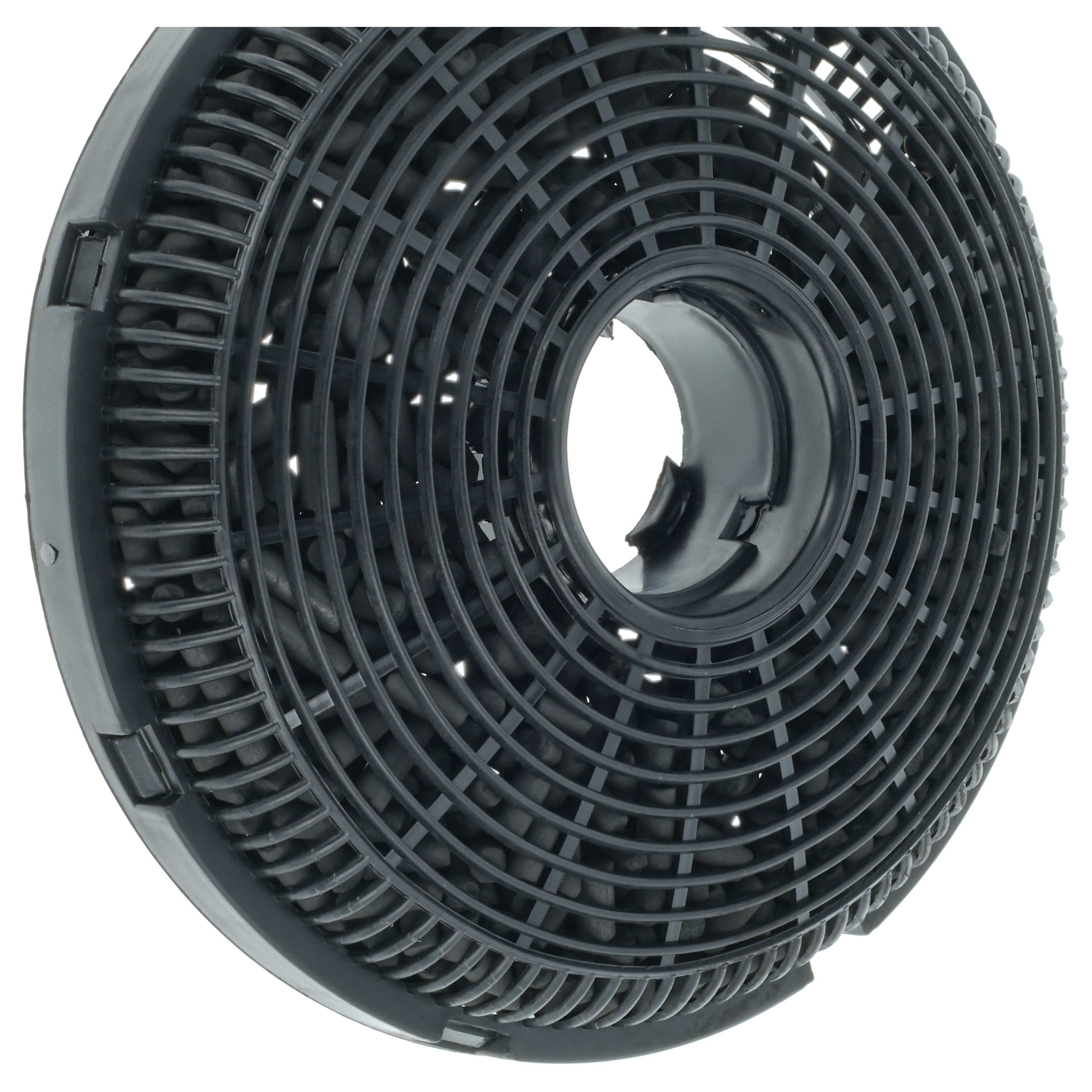 Nahaufnahme eines schwarzen, kreisförmigen Luftfilters. Der Filter hat ein Gittermuster und enthält schwarze Granulate.