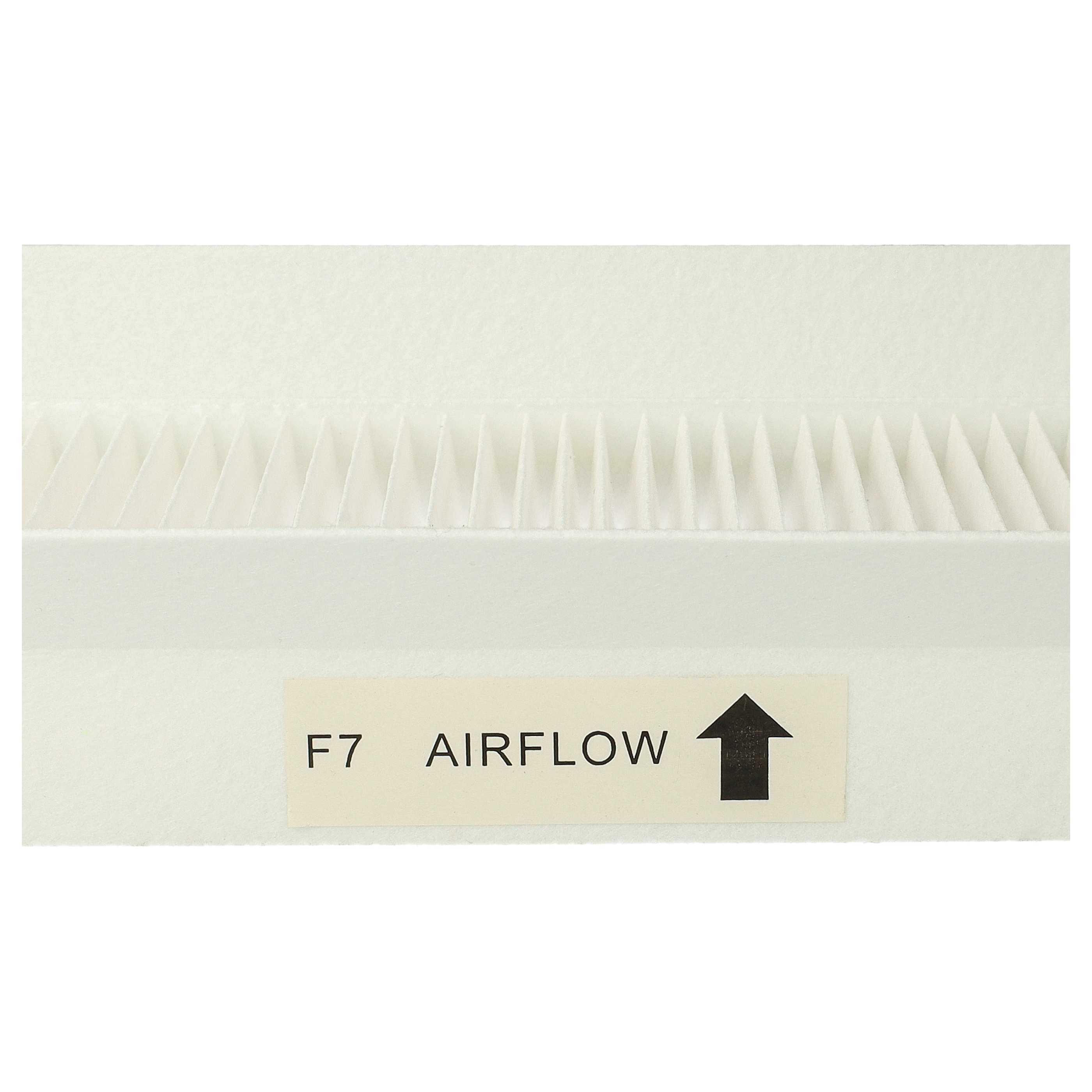 Weißer Luftfilter mit Faltendesign. Beschriftet mit 'F7 AIRFLOW' und einem Pfeil nach oben, auf weißem Hintergrund.