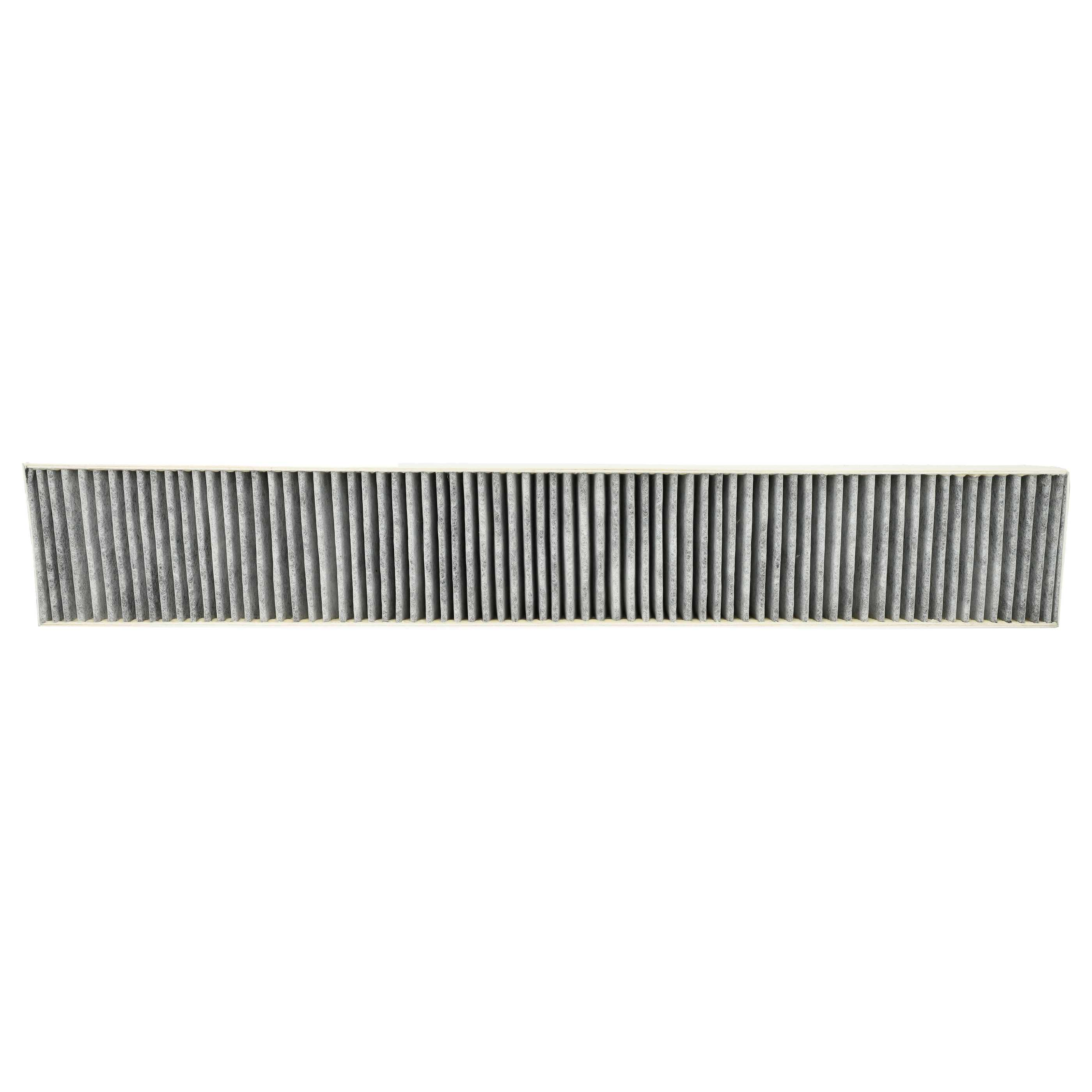 Ein rechteckiger Luftfilter mit vertikalem, grauem, plissiertem Filtermaterial vor weißem Hintergrund.