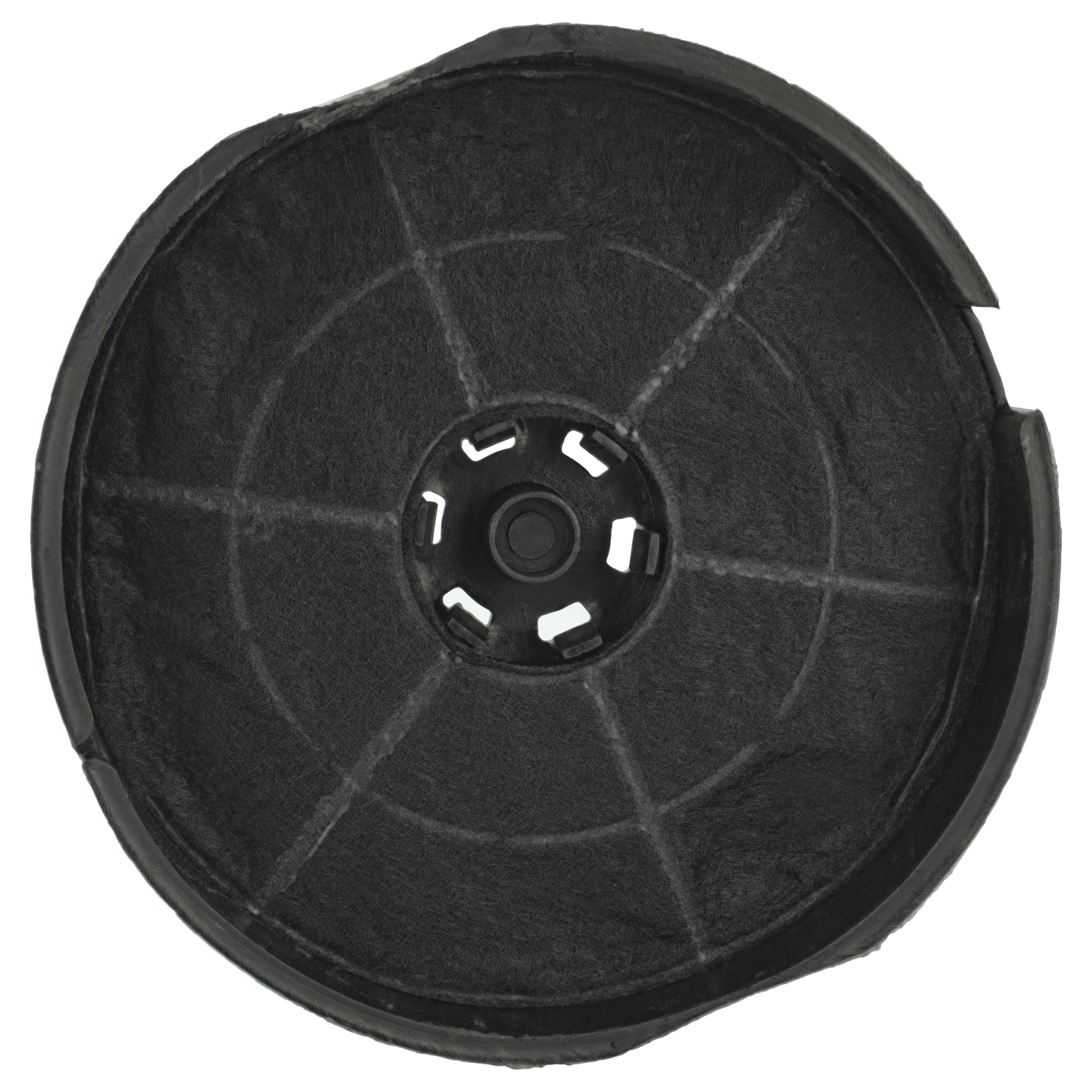 Ein kreisförmiger schwarzer Aktivkohlefilter mit zentraler Nabe und radialen Linien. Der Filter hat einen dunklen Rand.