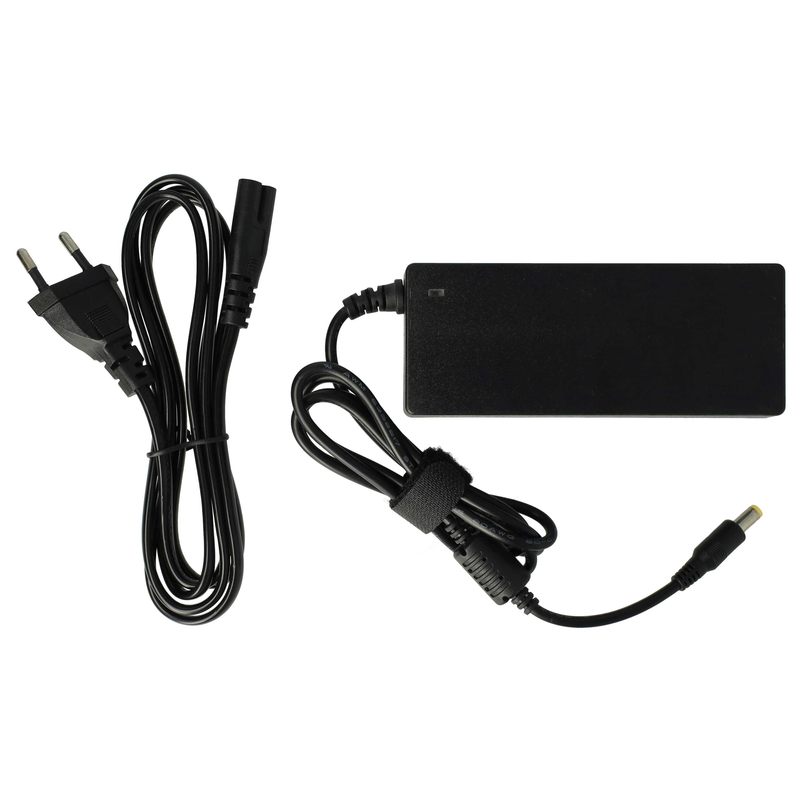 Schwarzes Laptop-Ladegerät mit Netzkabel und Stecker. Das Ladegerät ist rechteckig.