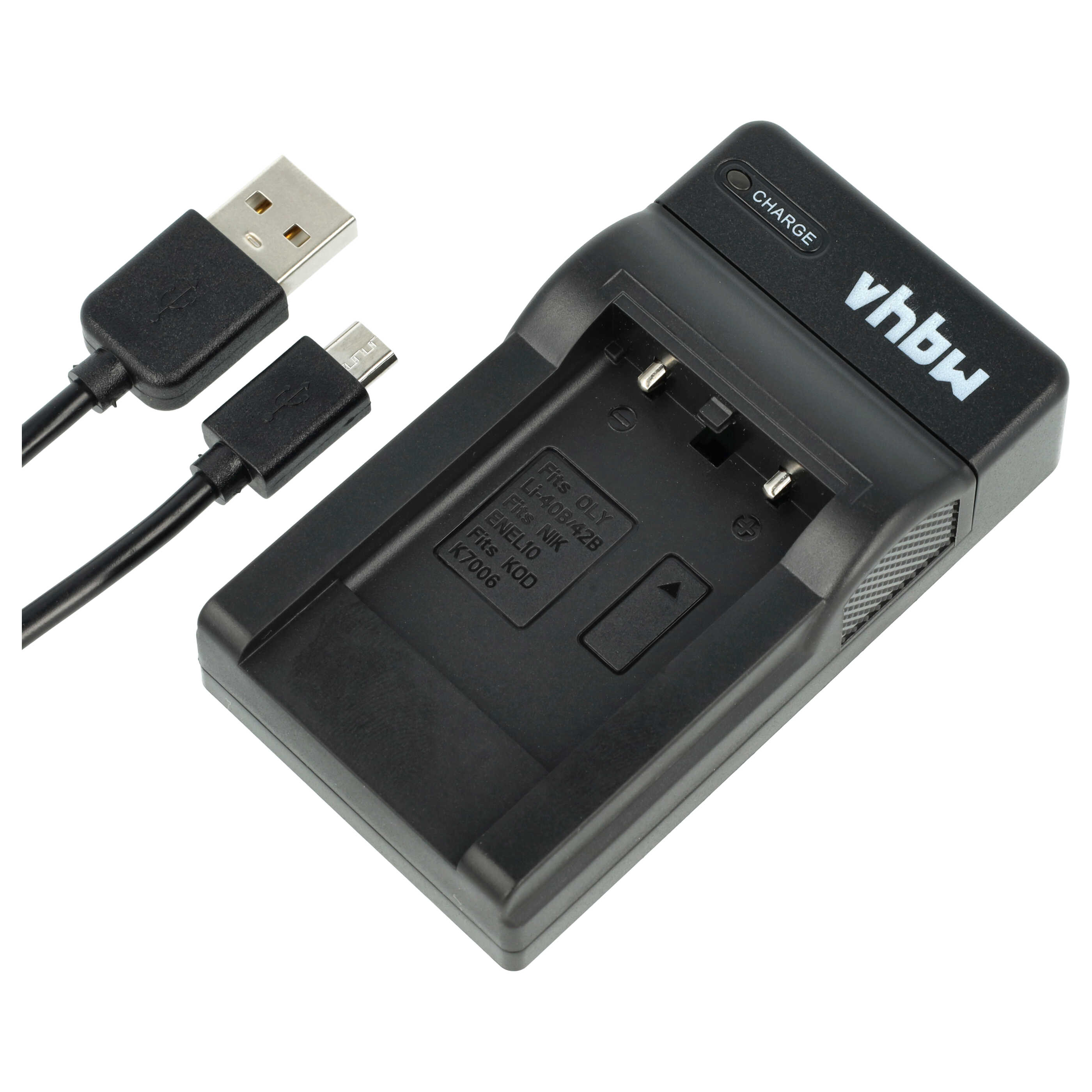 Ein schwarzes Batterieladegerät mit einem USB- und Micro-USB-Kabel. Das Ladegerät hat den Markennamen vhbw. Es befindet sich auf weißem Hintergrund.