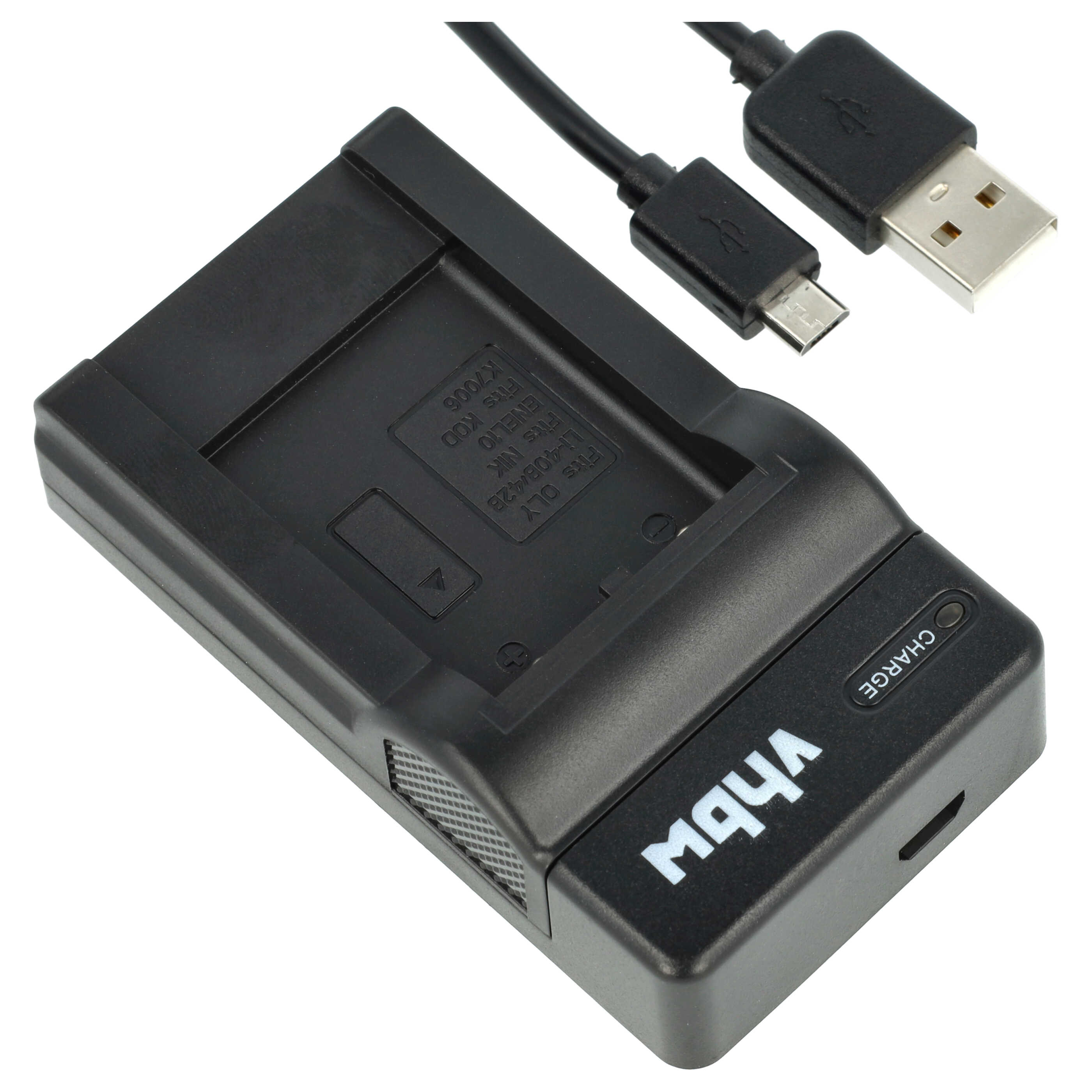 Schwarzes Akkuladegerät mit USB-Kabel. Das Ladegerät hat ein Etikett mit der Aufschrift 'CHARGE' und der Marke 'vhbw'.