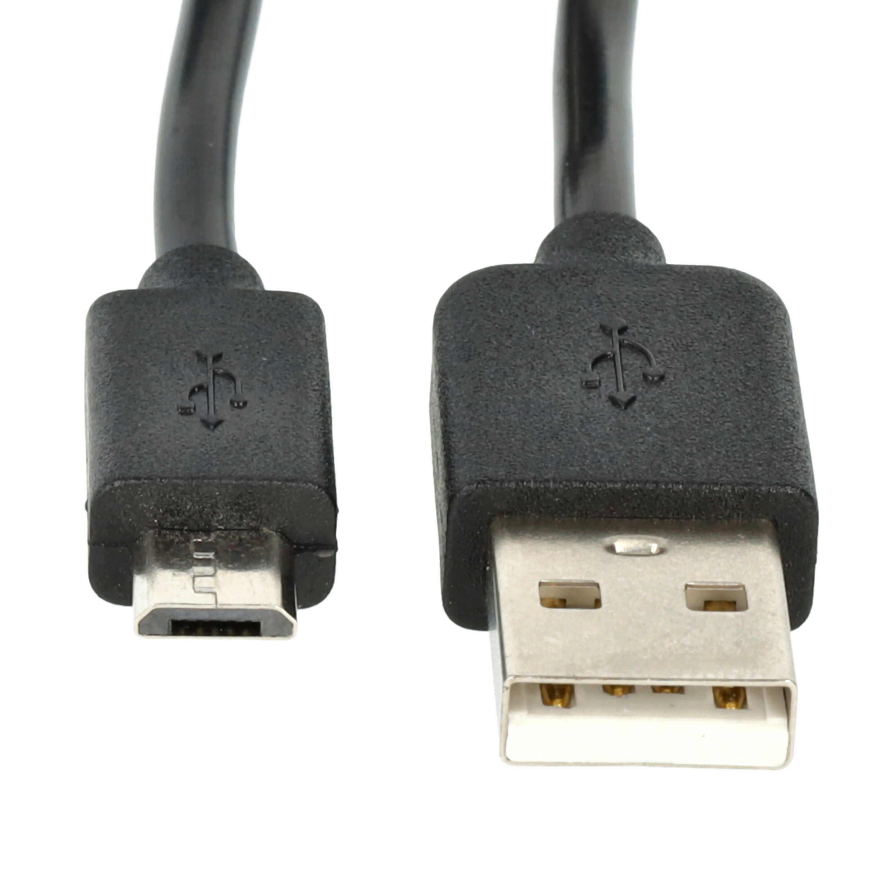 Ein schwarzes USB-Kabel mit einem USB-A-Anschluss und einem Micro-USB-Anschluss, beide mit USB-Symbol, vor weißem Hintergrund.