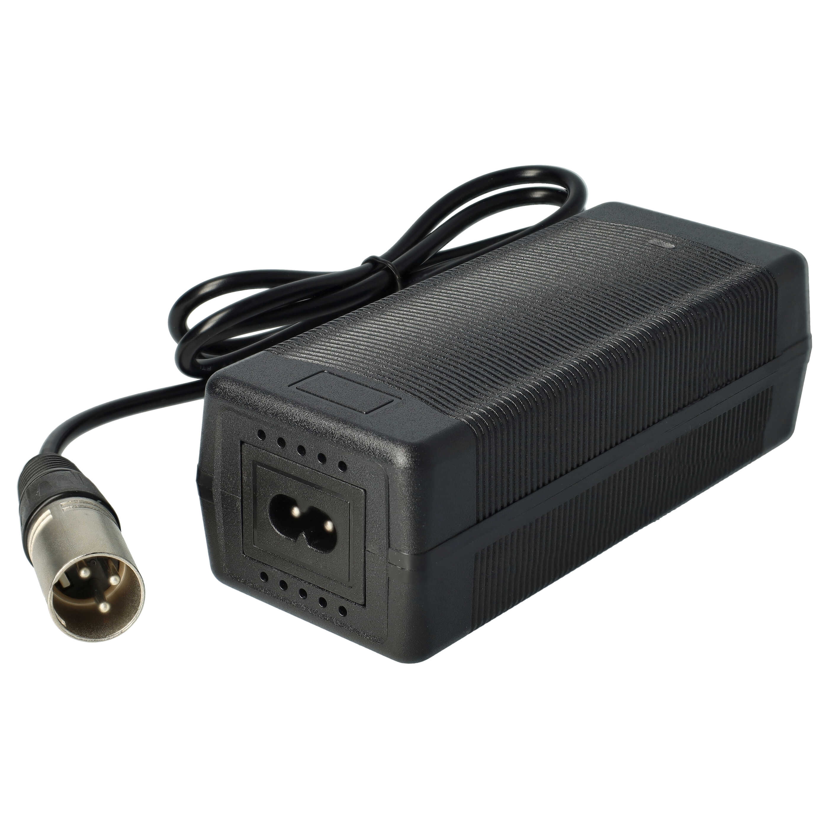 Ein schwarzes Batterieladegerät mit schwarzem Kabel und silbernem Stecker auf weißem Hintergrund. Das Ladegerät hat eine Steckdose.