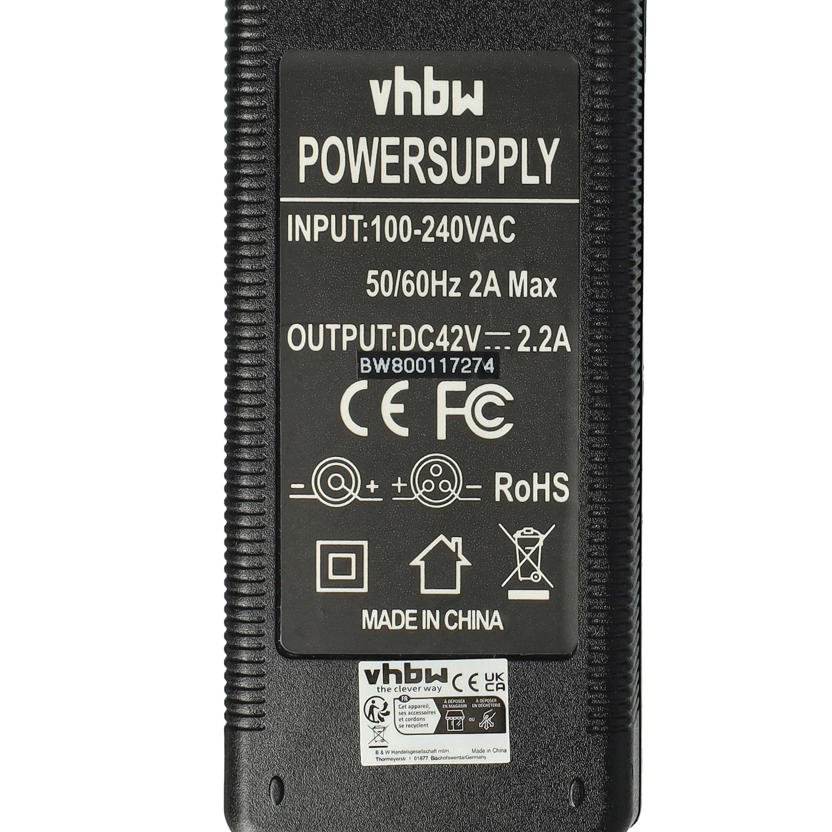 Schwarzes Netzteil mit weißem Text. Text enthält 'vhbw POWERSUPPLY', Spannungsinformationen und Sicherheitssymbole.