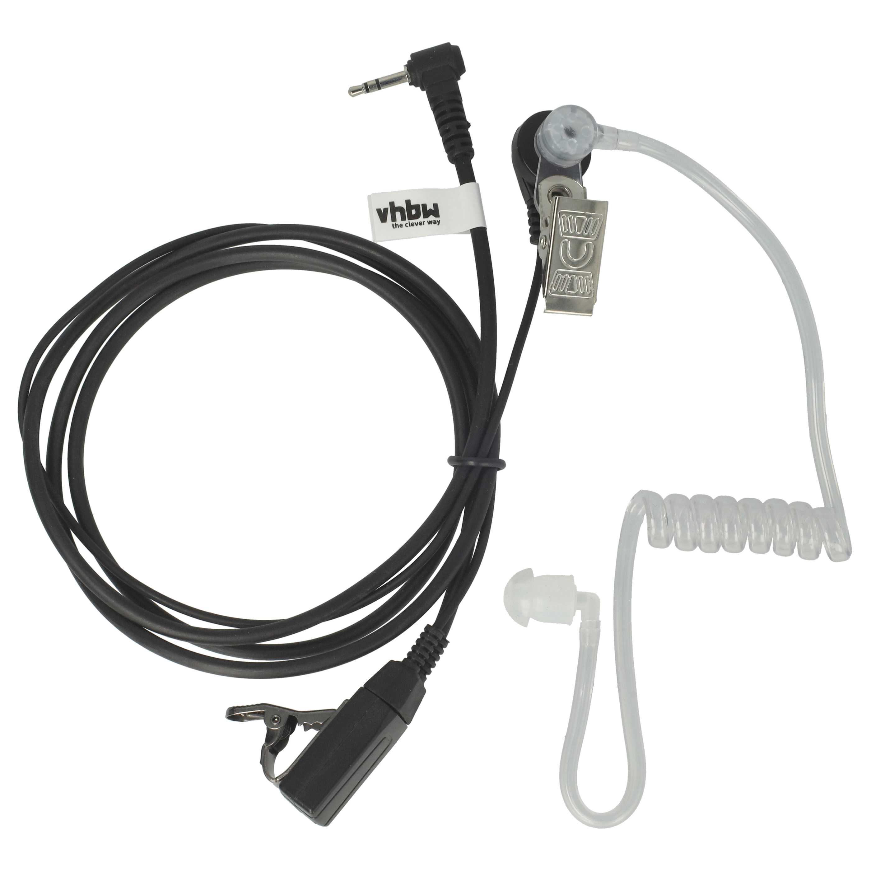 Ein Kopfhörer mit schwarzem Kabel und einem durchsichtigen Schlauch. Er hat einen Clip und einen 3,5-mm-Klinkenstecker.