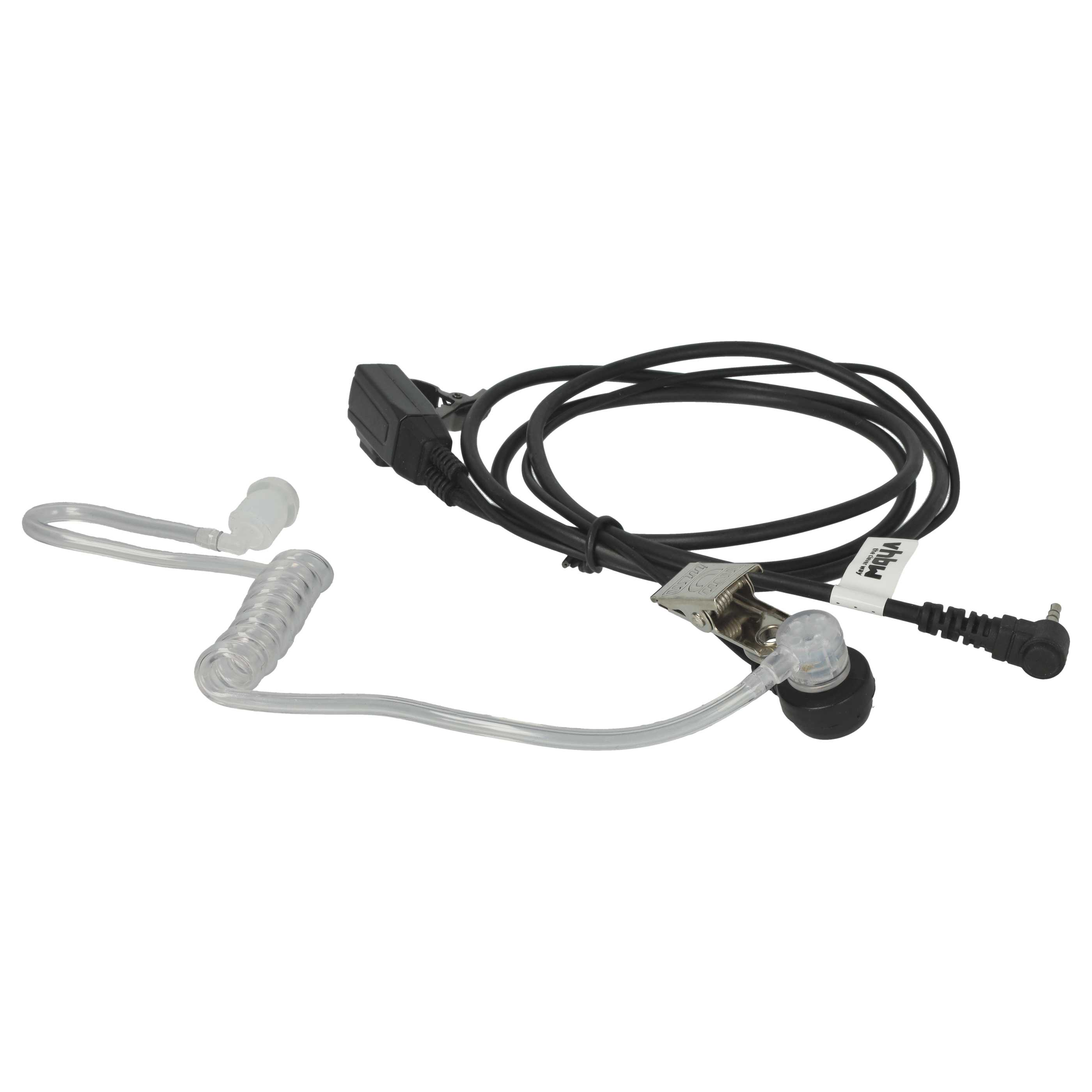 Ein Kopfhörerset mit schwarzem Kabel, durchsichtigem Schlauch und Ohrhörer. Mit Clip und abgewinkeltem Stecker.
