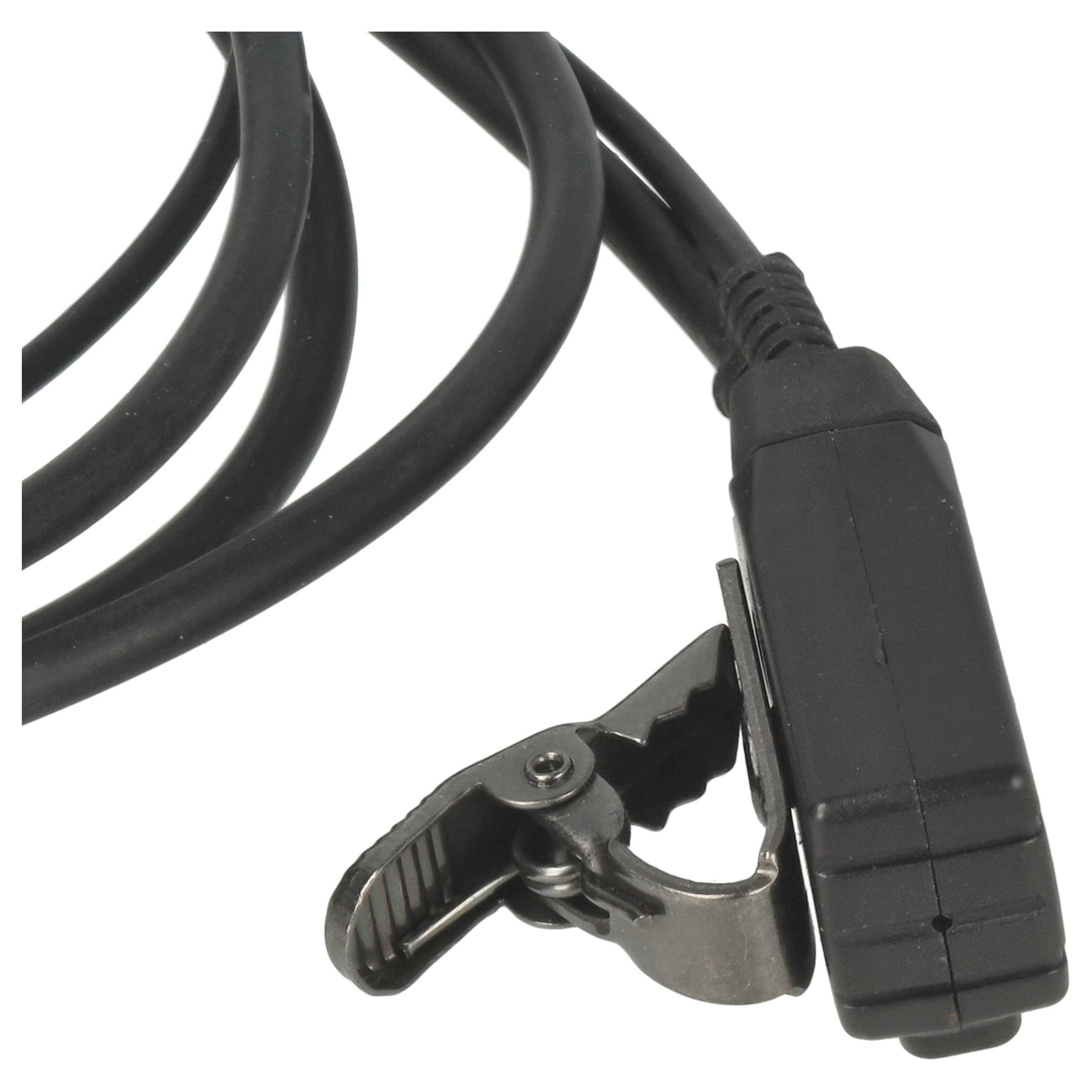 Schwarzes Kabel mit Clip und Stecker vor weißem Hintergrund. Der Clip ist aus Metall, der Stecker aus Kunststoff.