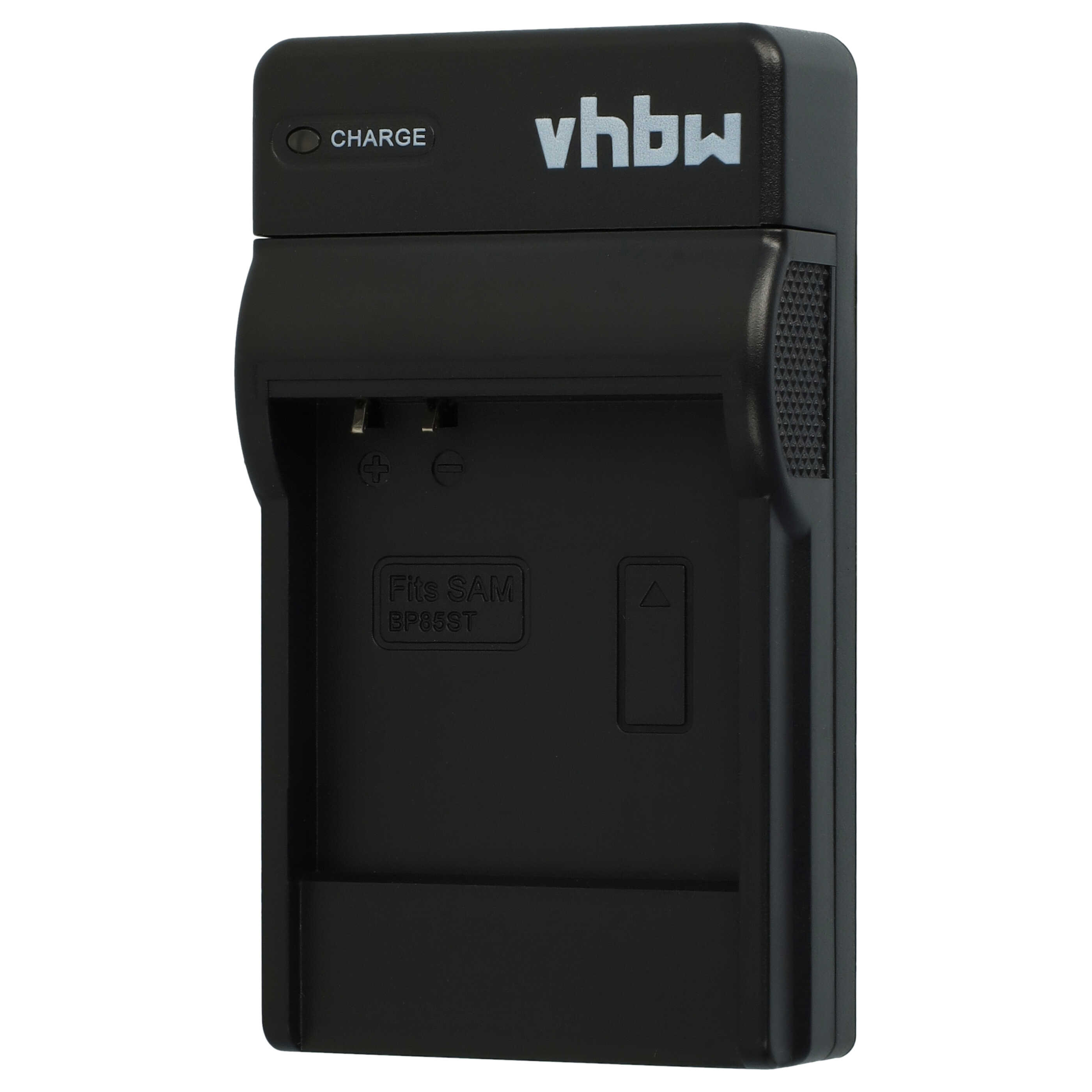 Schwarzes Batterieladegerät mit der Marke 'vhbw'. Es hat eine 'Charge'-Anzeige und einen Akkusteckplatz.