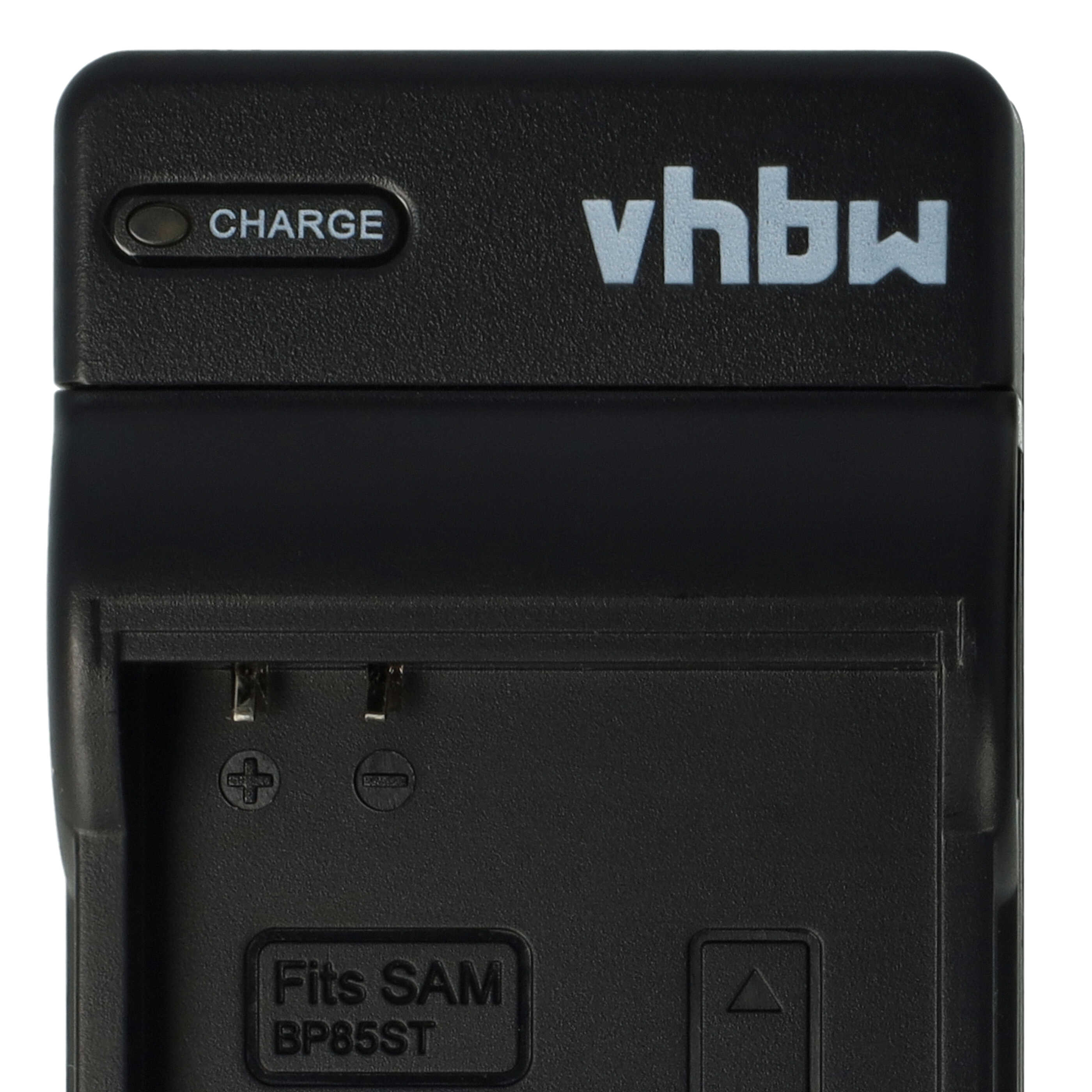 Schwarzes Batterieladegerät mit dem Text 'CHARGE' und 'vhbw'. Es passt für SAM BP85ST Batterien.