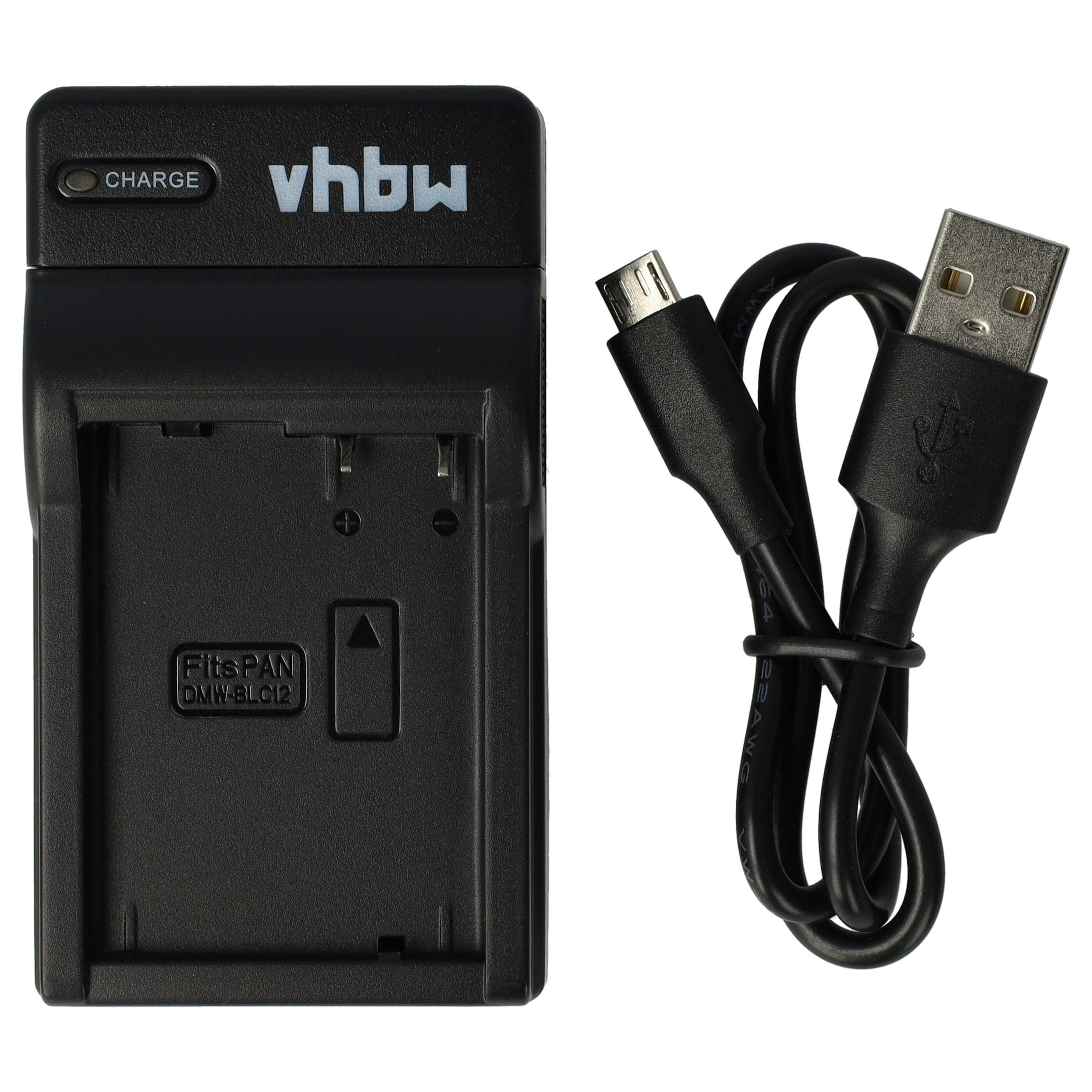 Schwarzes Akkuladegerät mit schwarzem USB-Kabel. Das Ladegerät hat den Markennamen 'vhbw' und eine Ladeanzeige.