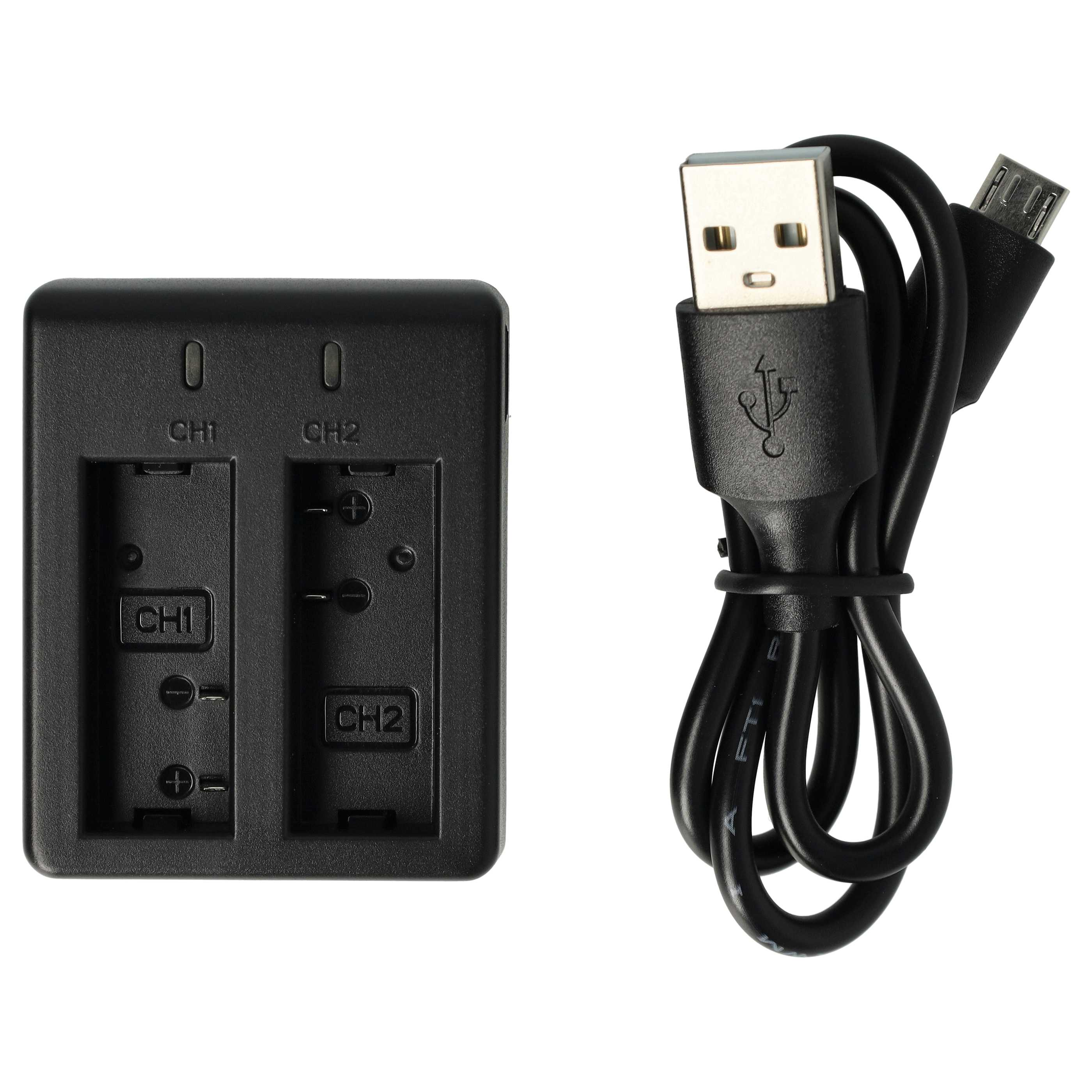 Ein schwarzes Batterieladegerät mit zwei Schlitzen und ein USB-Kabel mit Micro-USB-Anschluss, beides auf weißem Hintergrund.
