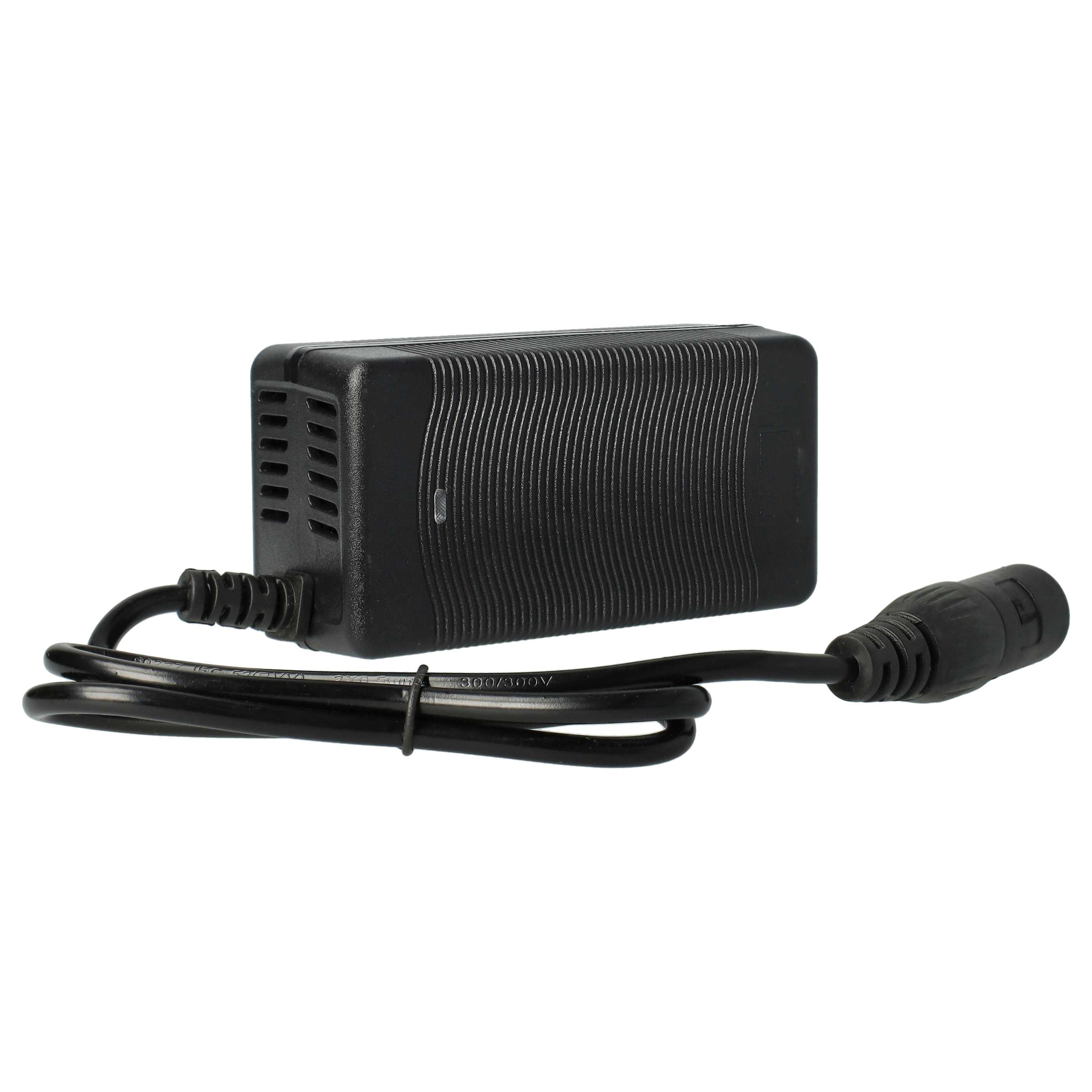 Schwarzer Netzadapter mit Kabel und Stecker. Es hat vertikale Rippen und Lüftungsschlitze auf einer Seite. Isoliert auf Weiß.