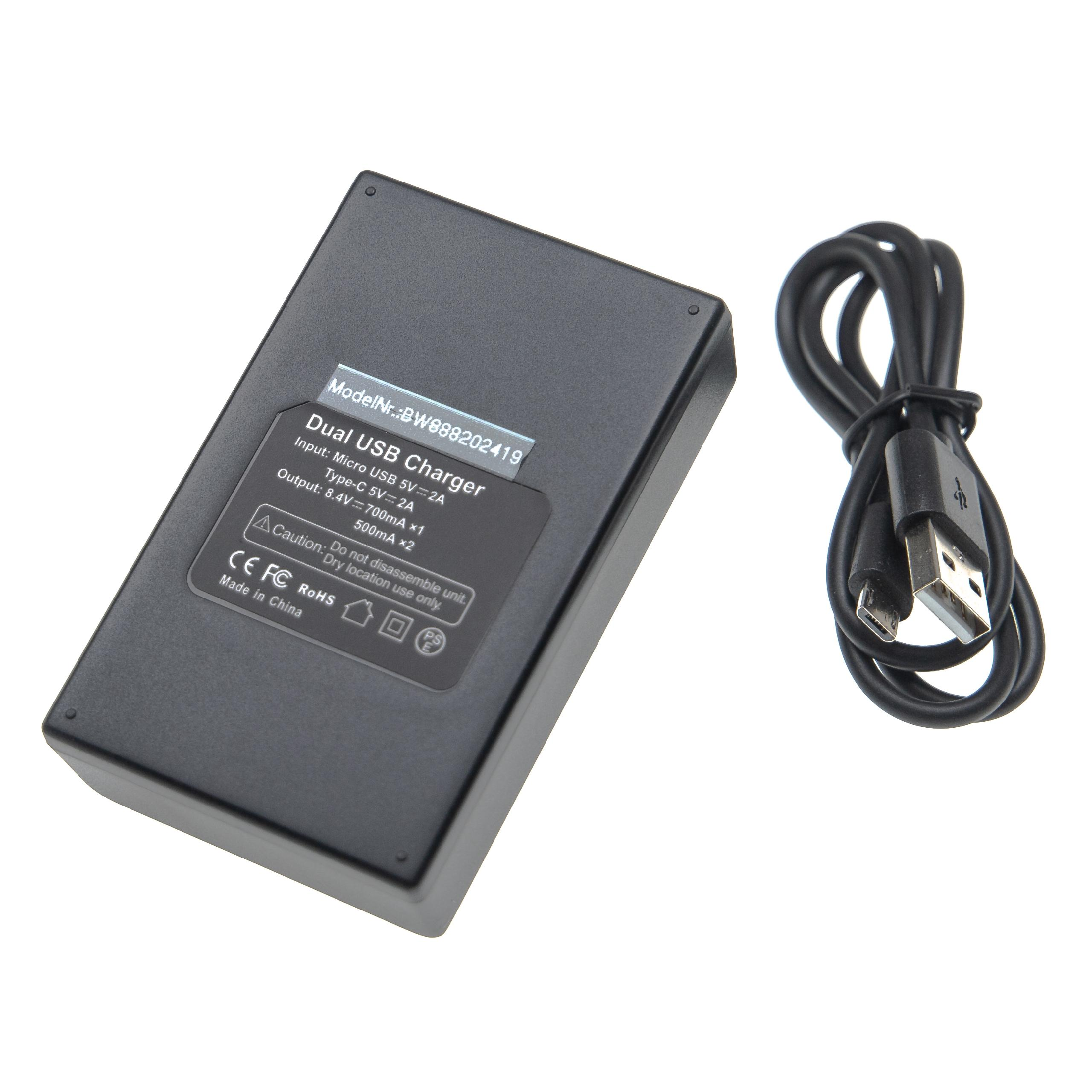 Ein schwarzes Dual-USB-Ladegerät mit einem schwarzen USB-Kabel auf weißem Hintergrund. Text auf dem Ladegerät.