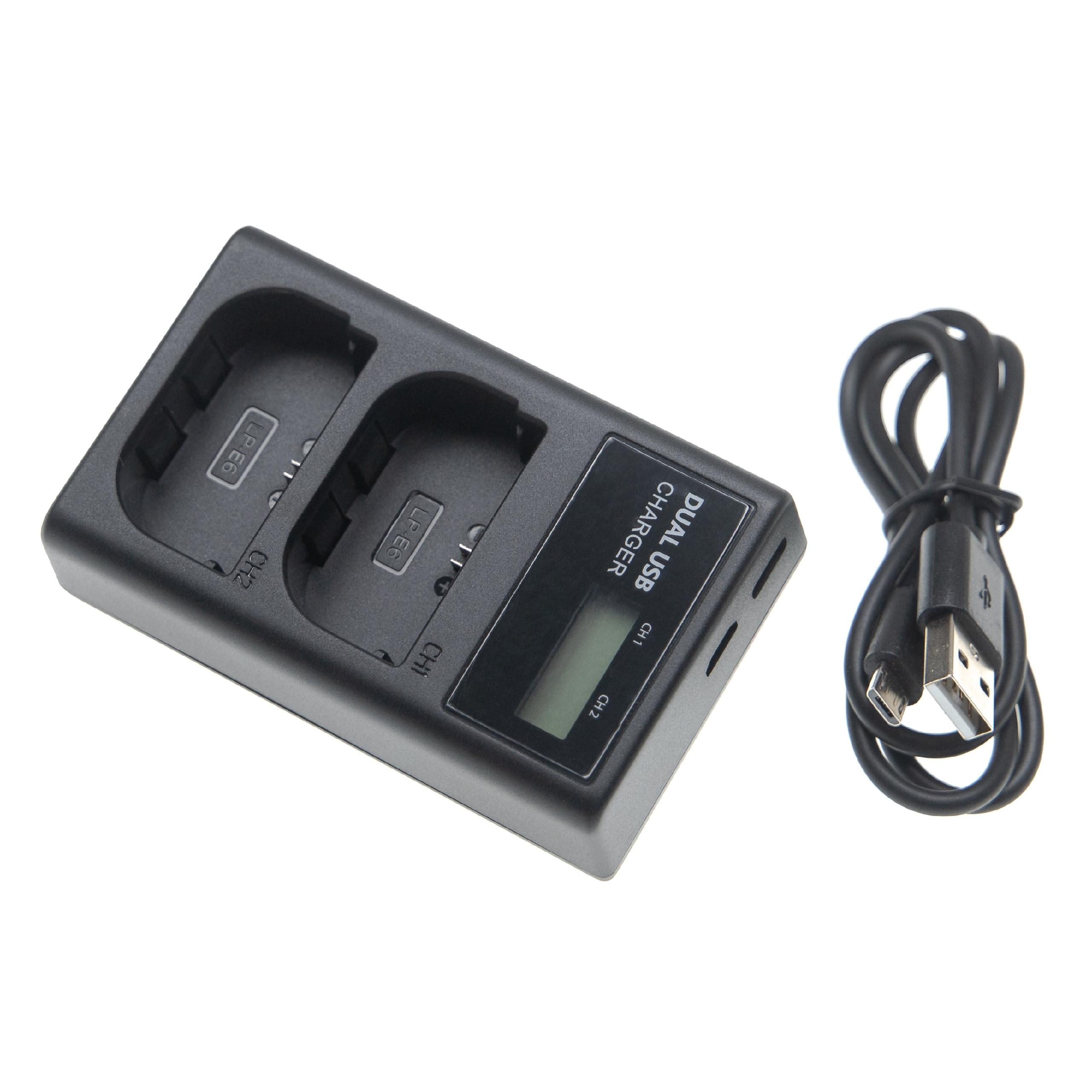 Ein schwarzes Dual-USB-Ladegerät mit zwei Ladeschlitzen und einem Kabel mit USB-Anschluss.