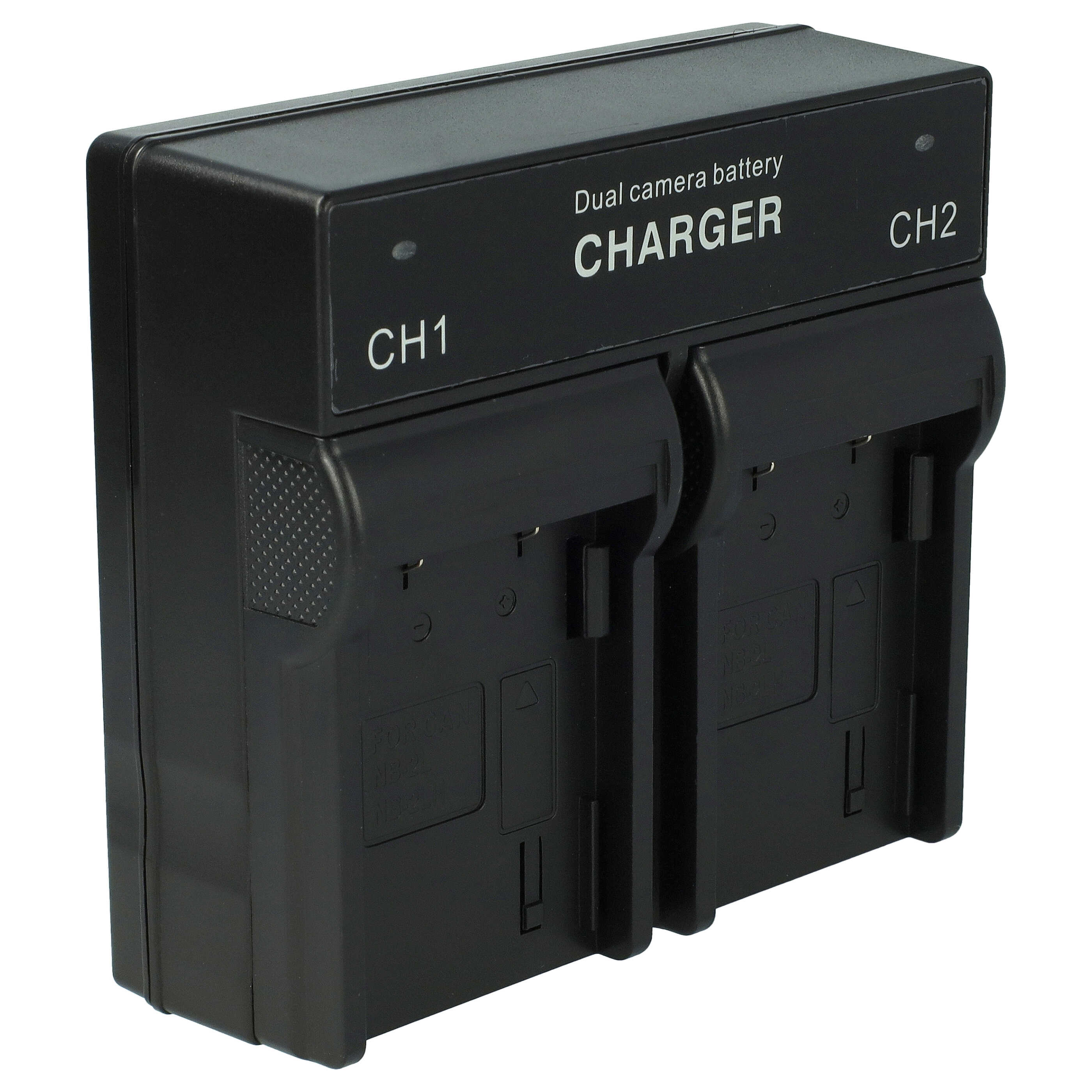 Schwarzes Doppel-Kamera-Akkuladegerät. Es hat die Aufschriften CH1 und CH2, und das Wort CHARGER ist sichtbar.