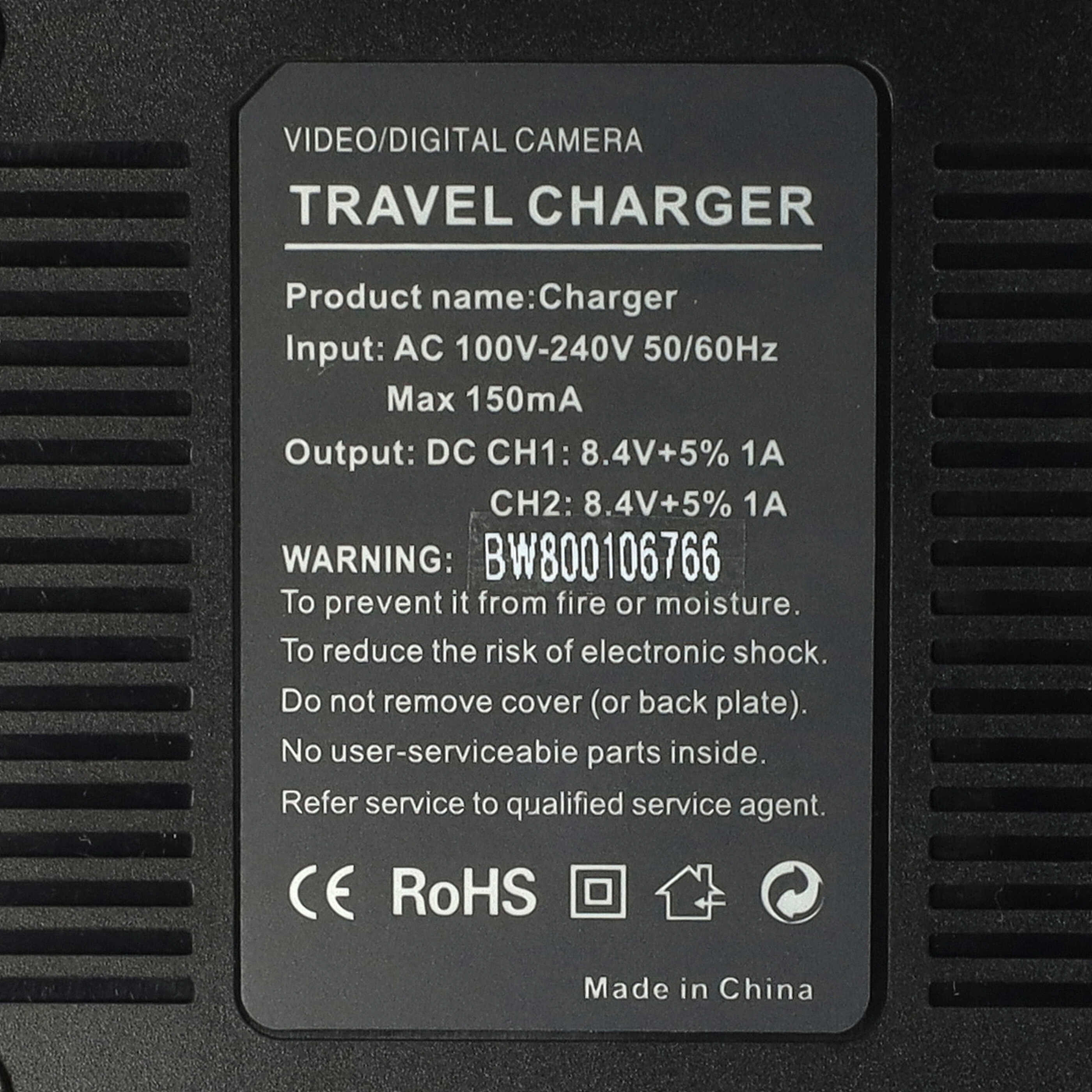 Ein schwarzes Ladegerät-Etikett mit Text: Travel Charger, Eingangs-/Ausgangsspezifikationen, Warnung und Zertifizierungen. Hergestellt in China.