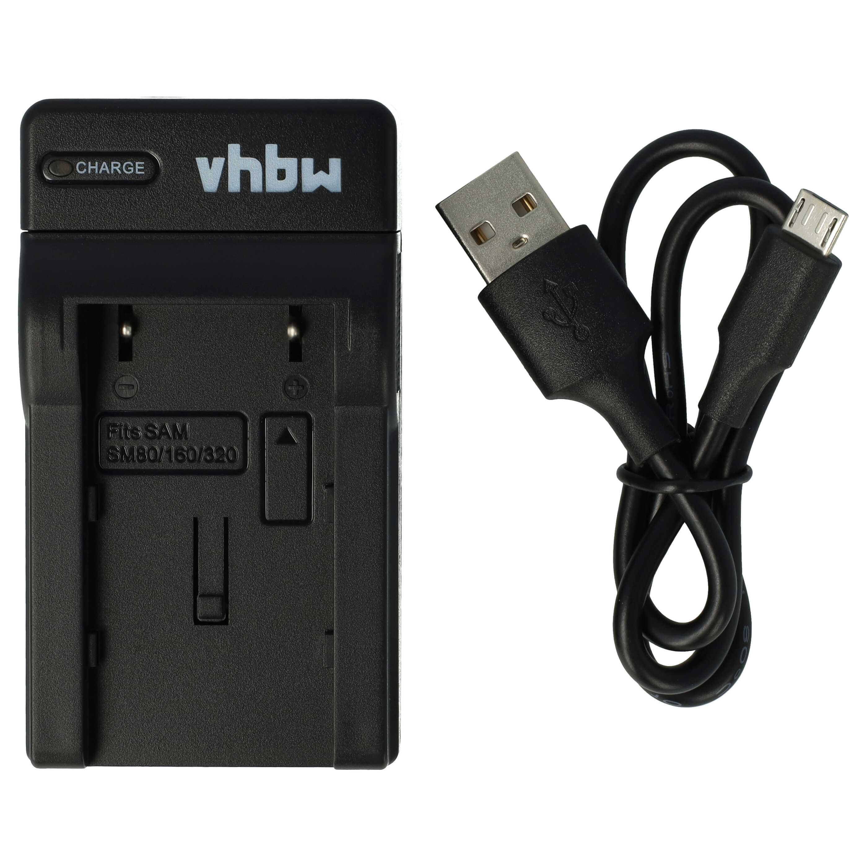 Schwarzes Ladegerät mit Ladeanzeige, 'vhbw'-Logo und USB-Kabel. Das Ladegerät passt für SAM SM80/160/320.