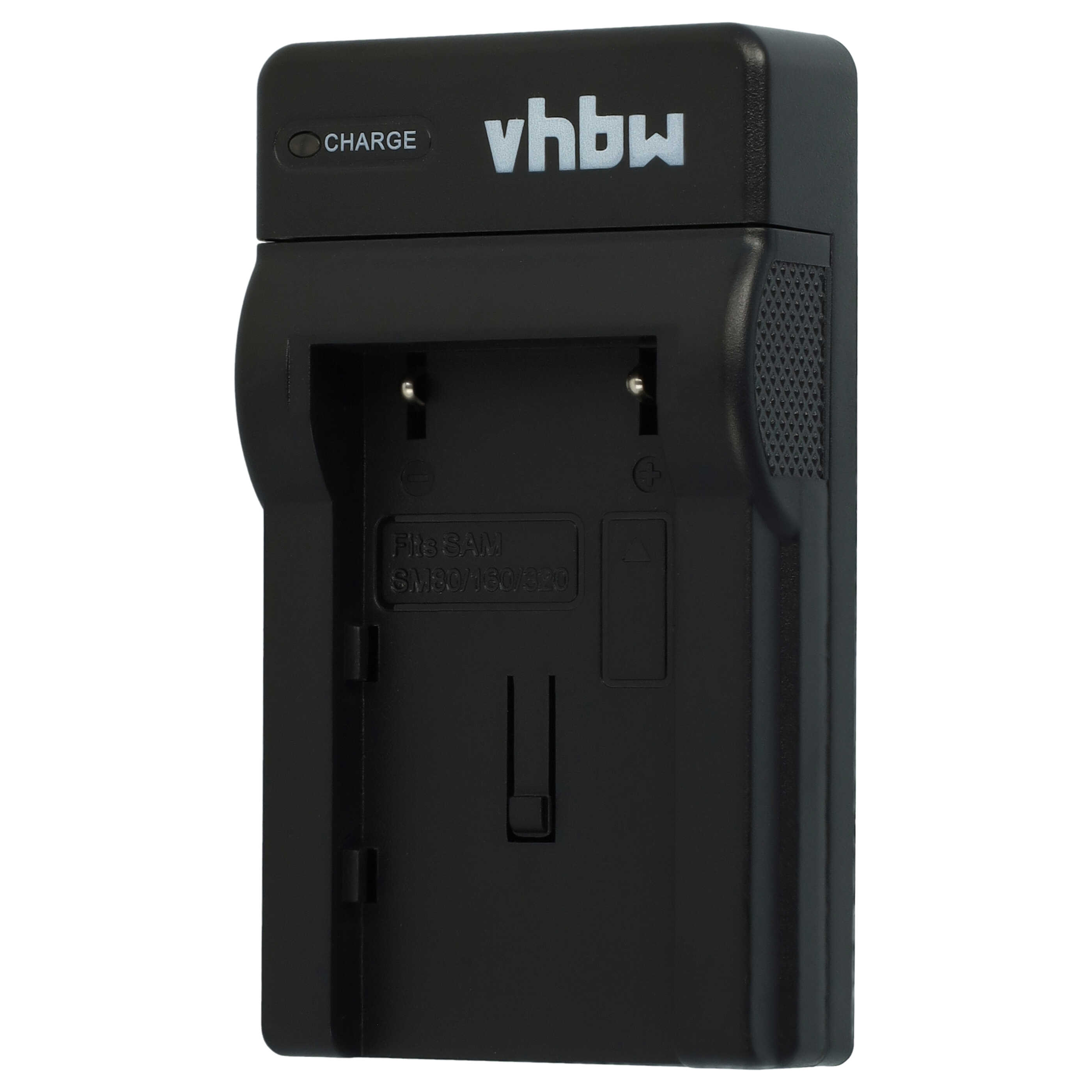 Schwarzes vhbw-Batterieladegerät. Es hat eine Ladeanzeige und einen Steckplatz für eine Batterie. Der Markenname ist sichtbar.