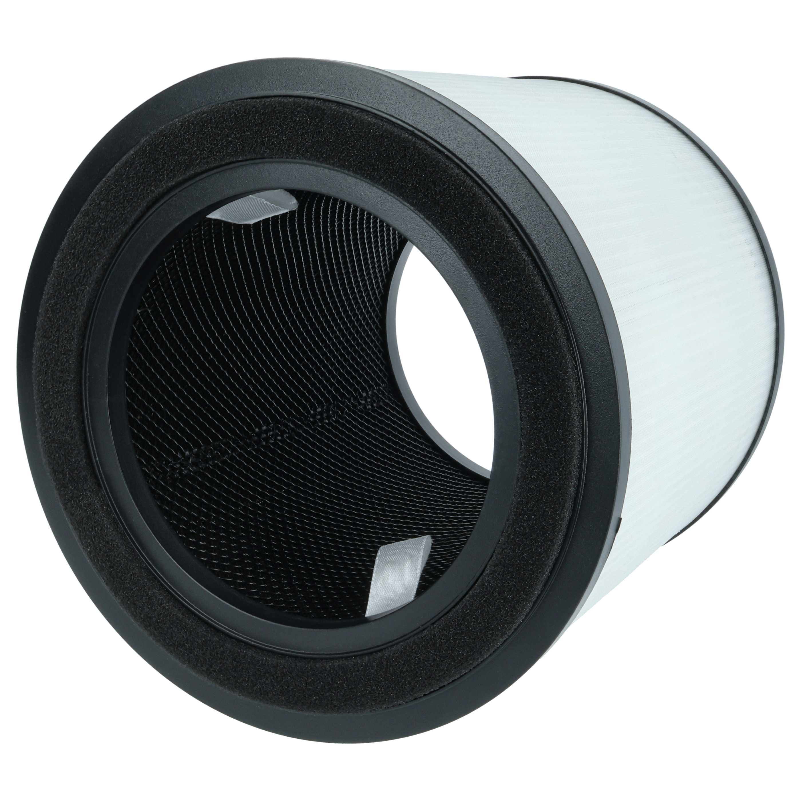 Ein zylindrischer Luftfilter mit schwarzem Rahmen und Netz, weißem Filtermaterial und schwarzem Schaumstoffrand.