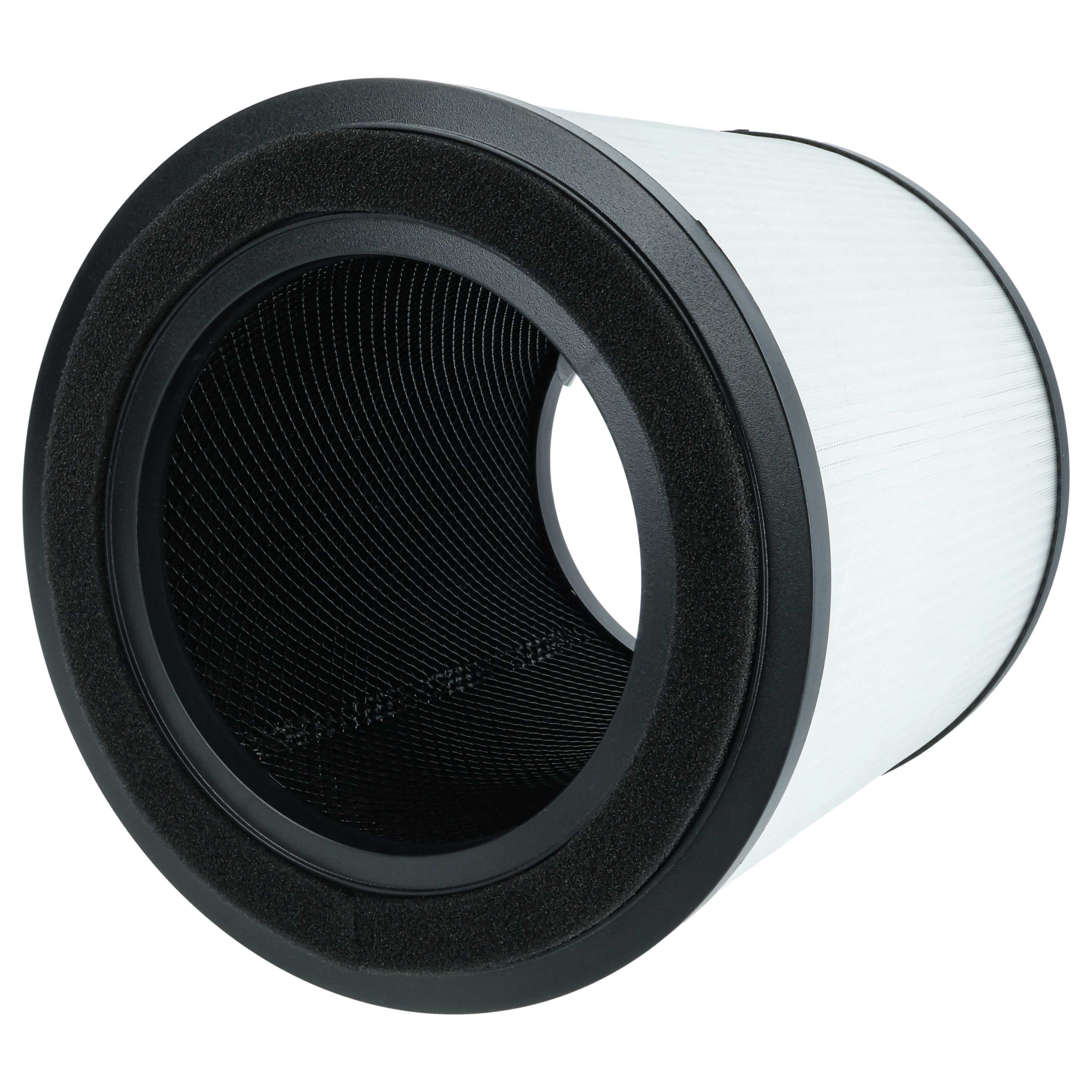Ein zylindrischer Luftfilter, vor weißem Hintergrund. Er hat schwarze Komponenten und einen weißen Filter.