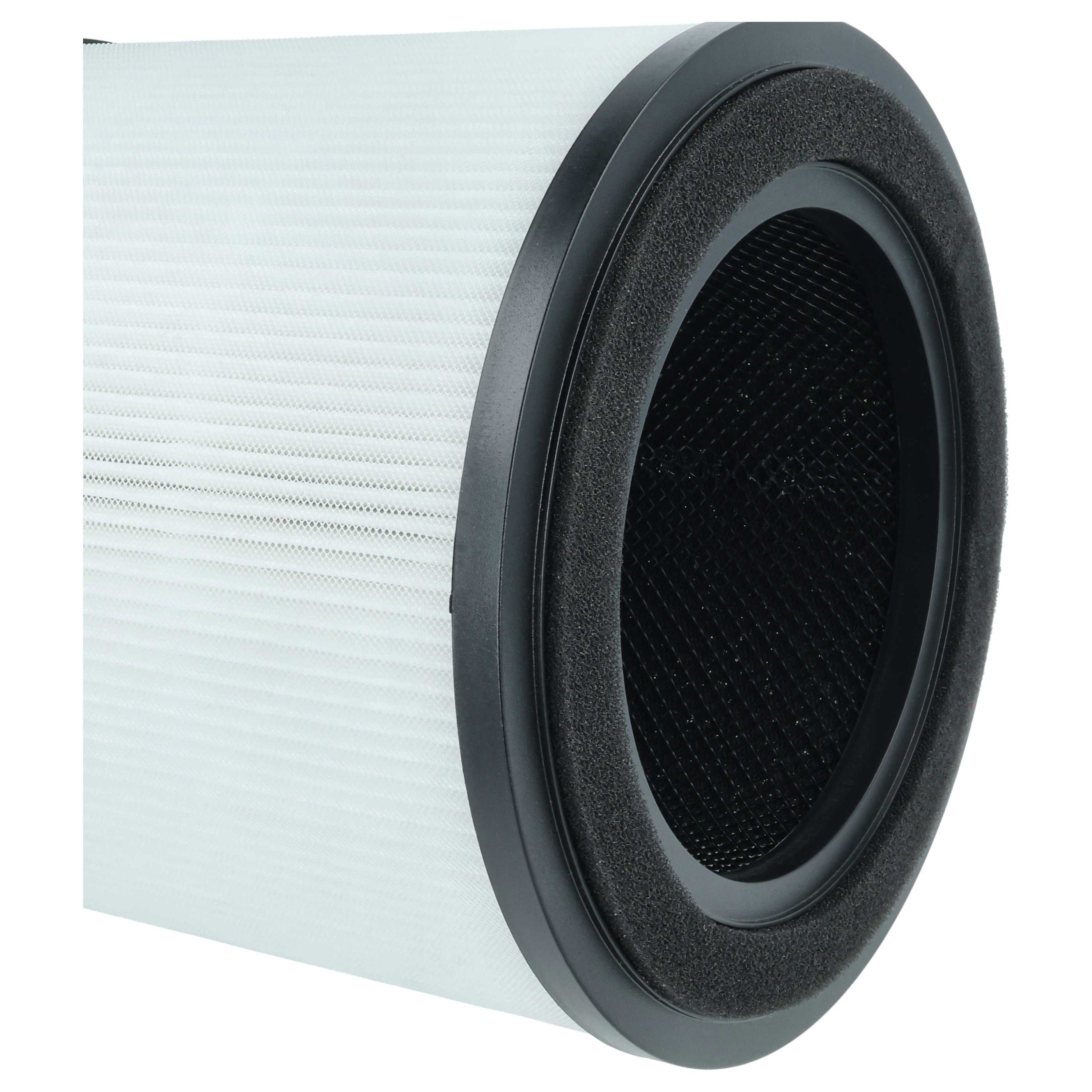 Nahaufnahme eines zylindrischen Luftfilters. Er hat einen schwarzen Rand mit Schaumstoff, einen weißen Filter und ein schwarzes Netz.