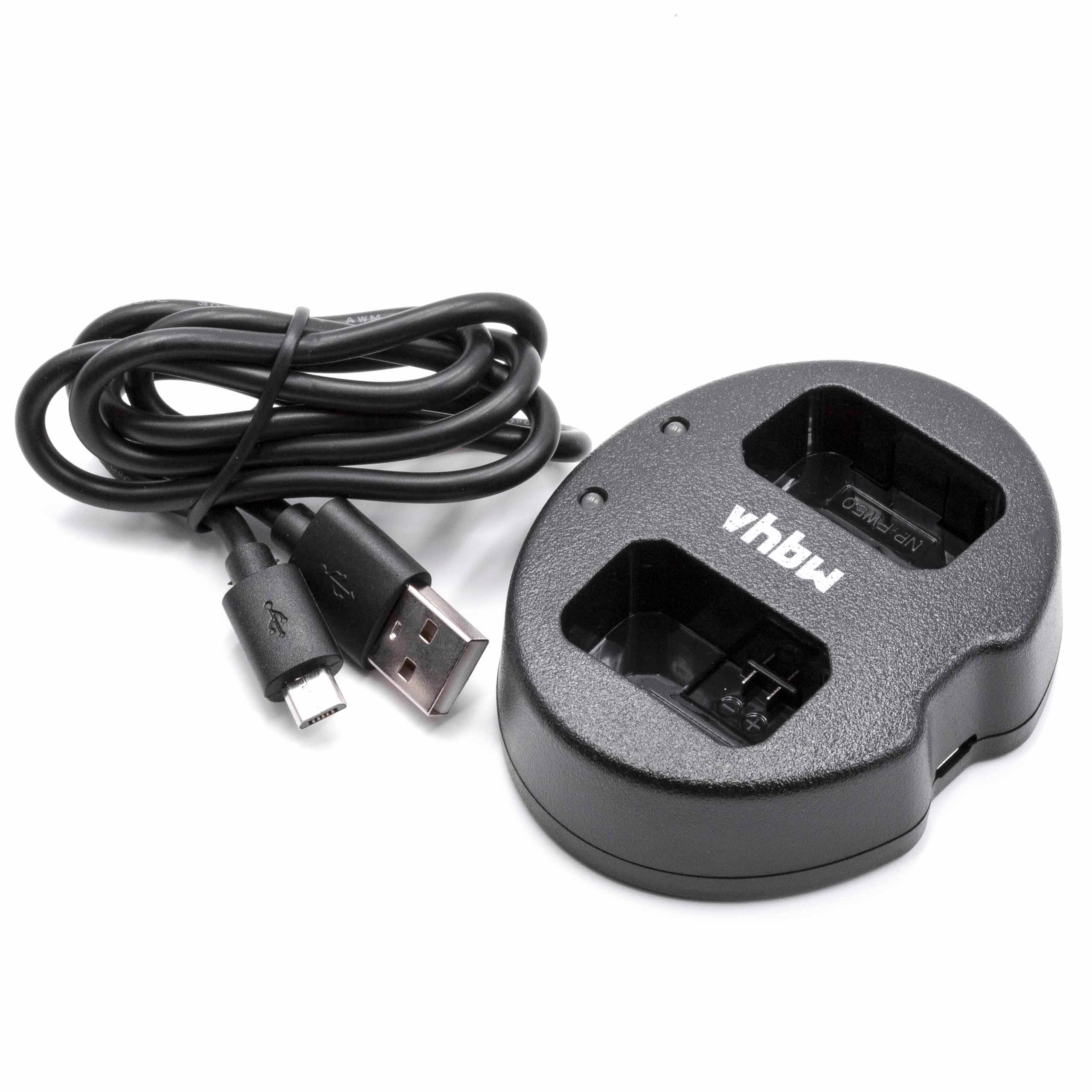 Schwarzes Kamera-Akkuladegerät mit USB-Kabel. Das Ladegerät ist mit vhbw beschriftet. Der Hintergrund ist weiß.