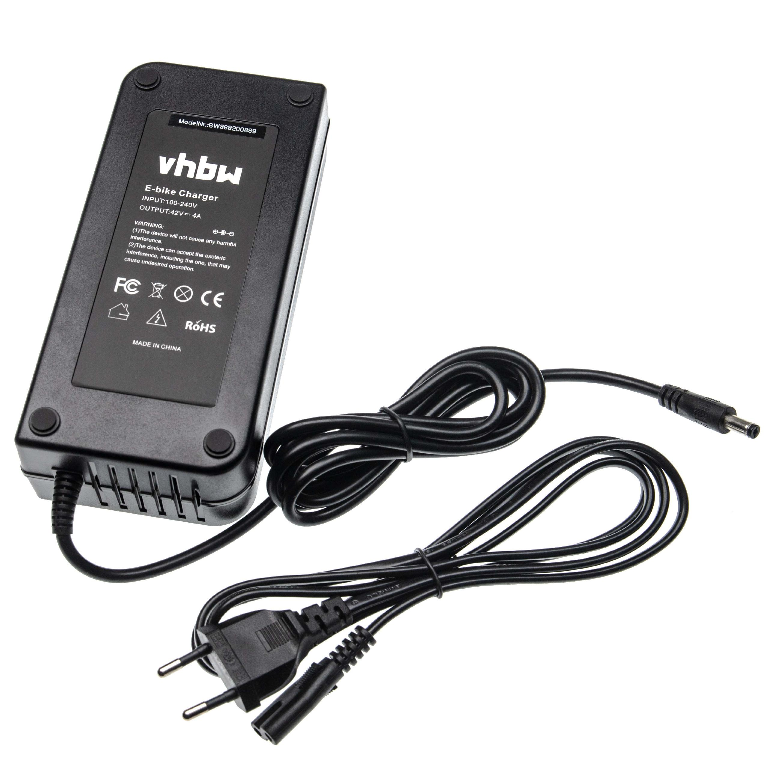 Schwarzes E-Bike-Ladegerät mit Kabeln und einem zweipoligen Stecker. Es trägt das Logo 'vhbw' und technische Daten.