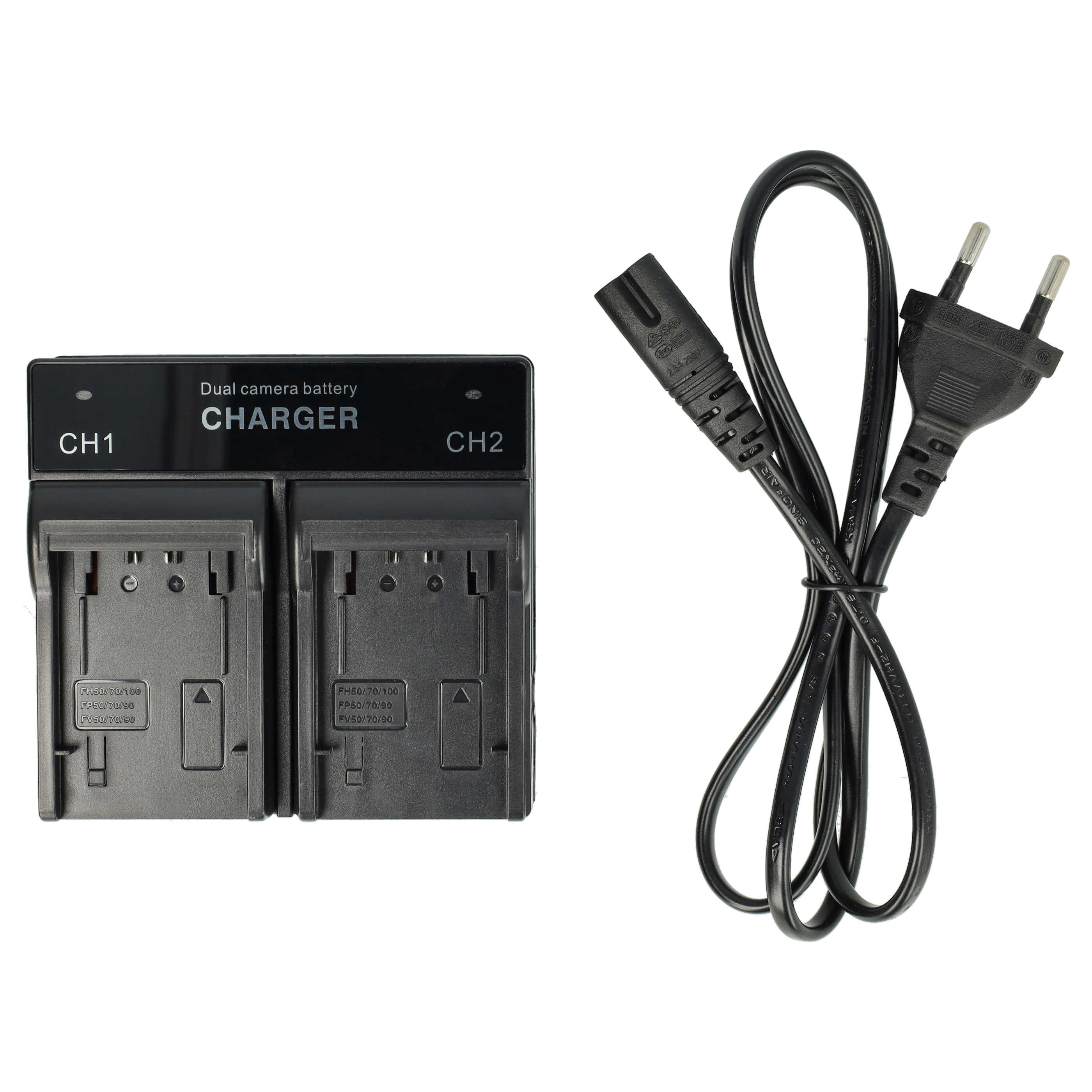 Ein schwarzes Dual-Kamera-Batterieladegerät mit einem Netzkabel. Es befindet sich auf weißem Hintergrund.