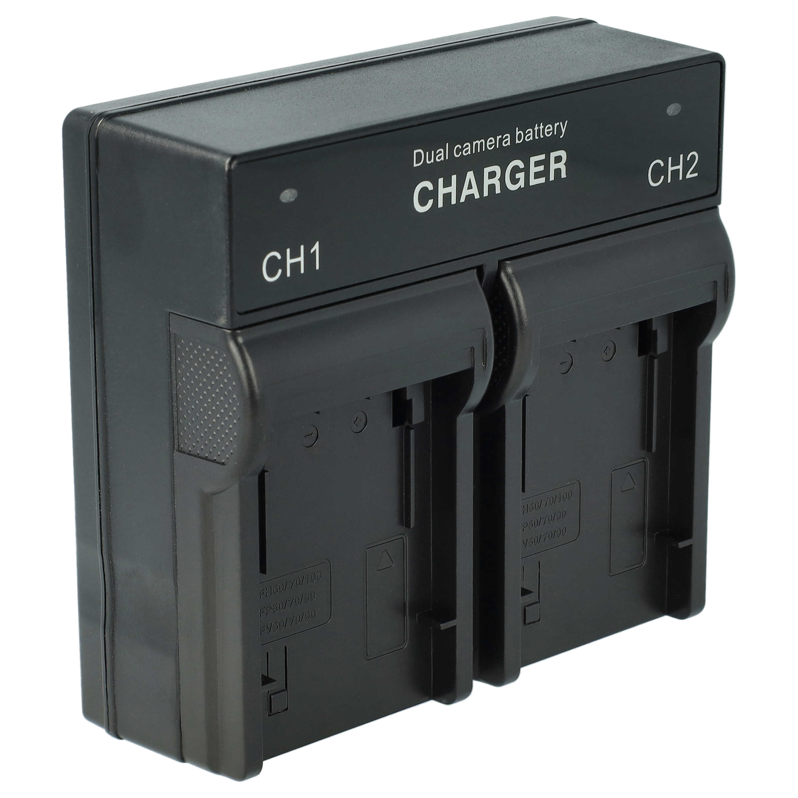 Schwarzes Dual-Kamera-Batterieladegerät. Es hat zwei Ladeschlitze mit der Bezeichnung CH1 und CH2. Das Ladegerät ist auf weißem Hintergrund.