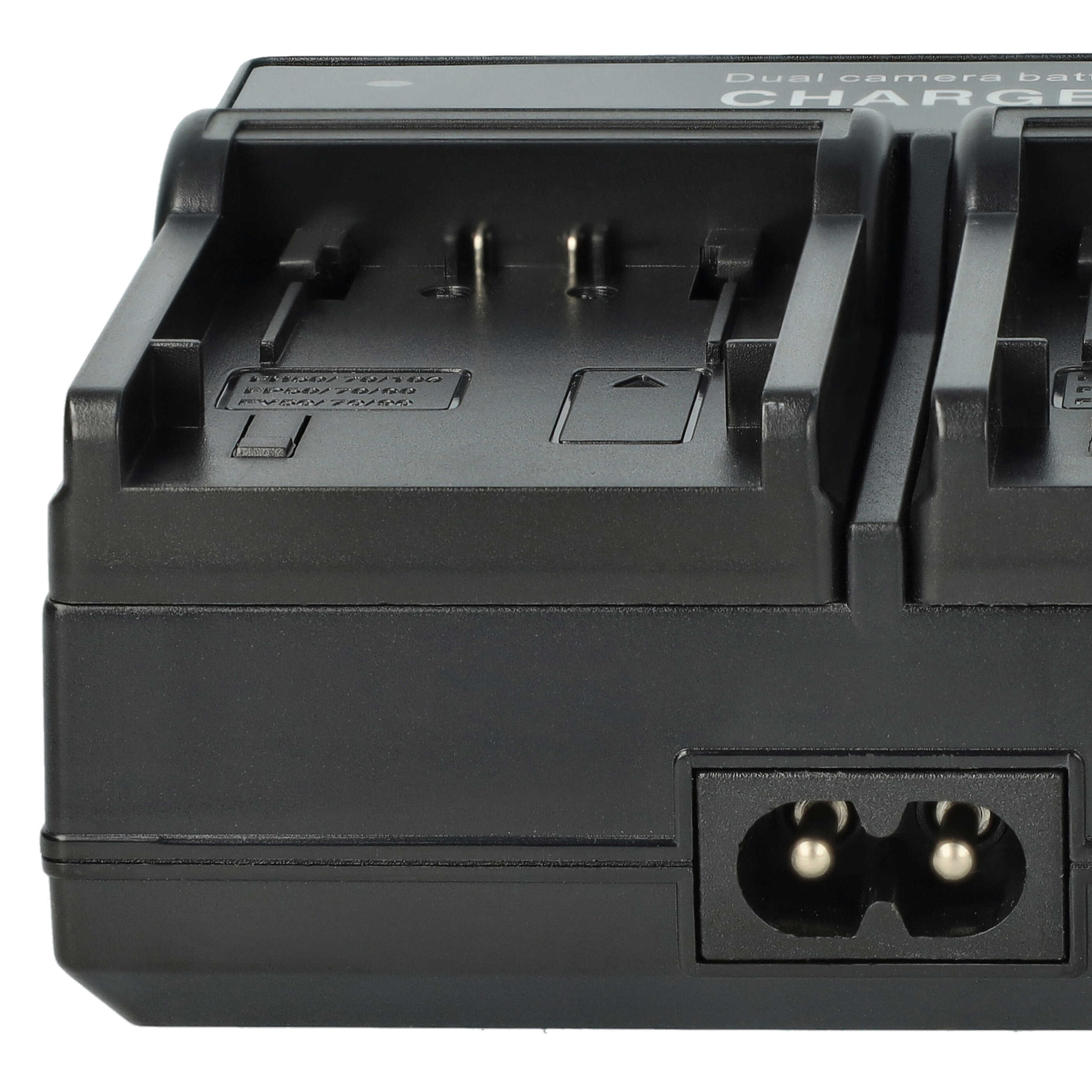 Ein schwarzes Dual-Kamera-Batterieladegerät mit Netzstecker unten. Das Ladegerät vor weißem Hintergrund.