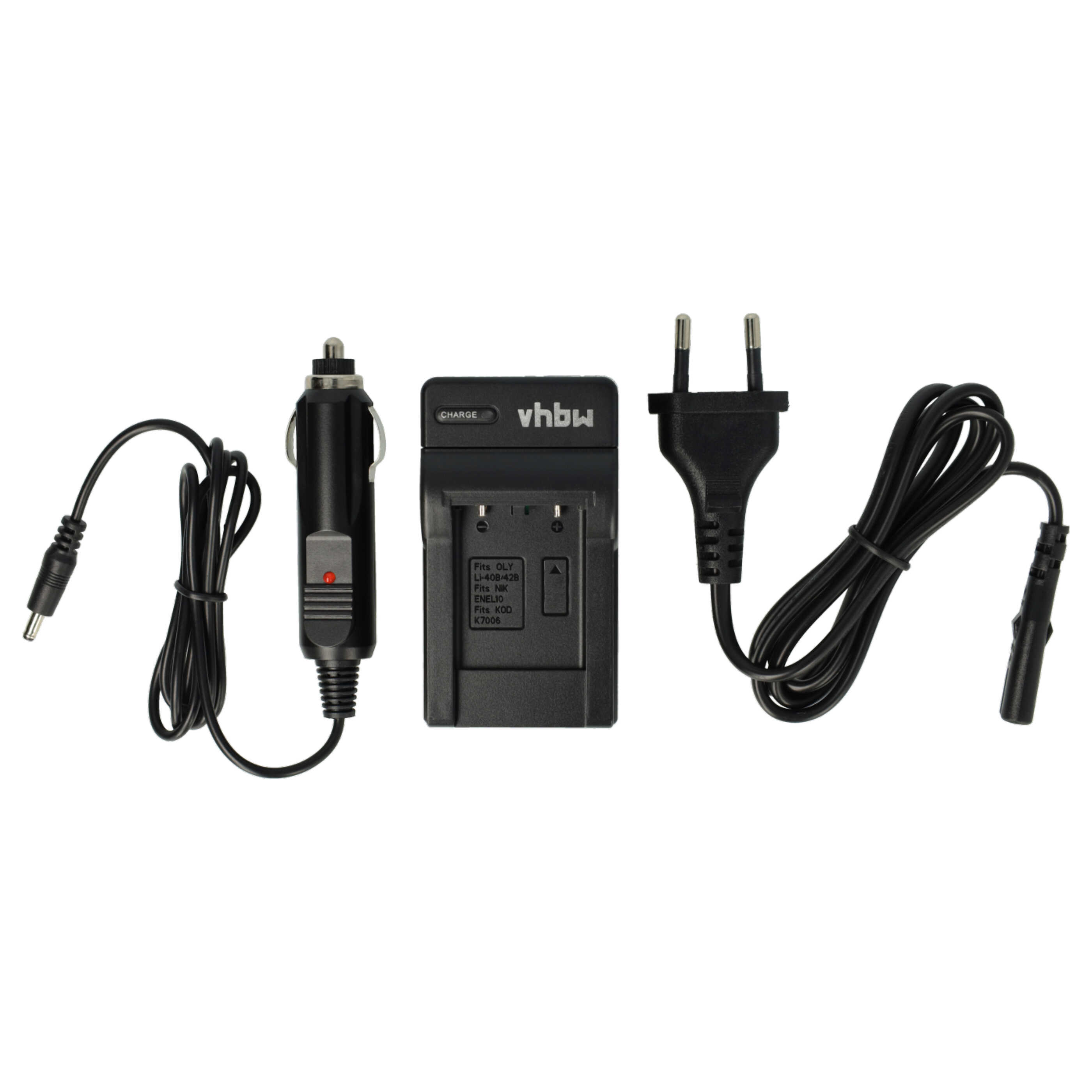 Schwarzes Ladegerät-Set mit Auto-Adapter, Ladegerät und Stecker. Kabel verbinden die Teile. Alles auf weißem Hintergrund.