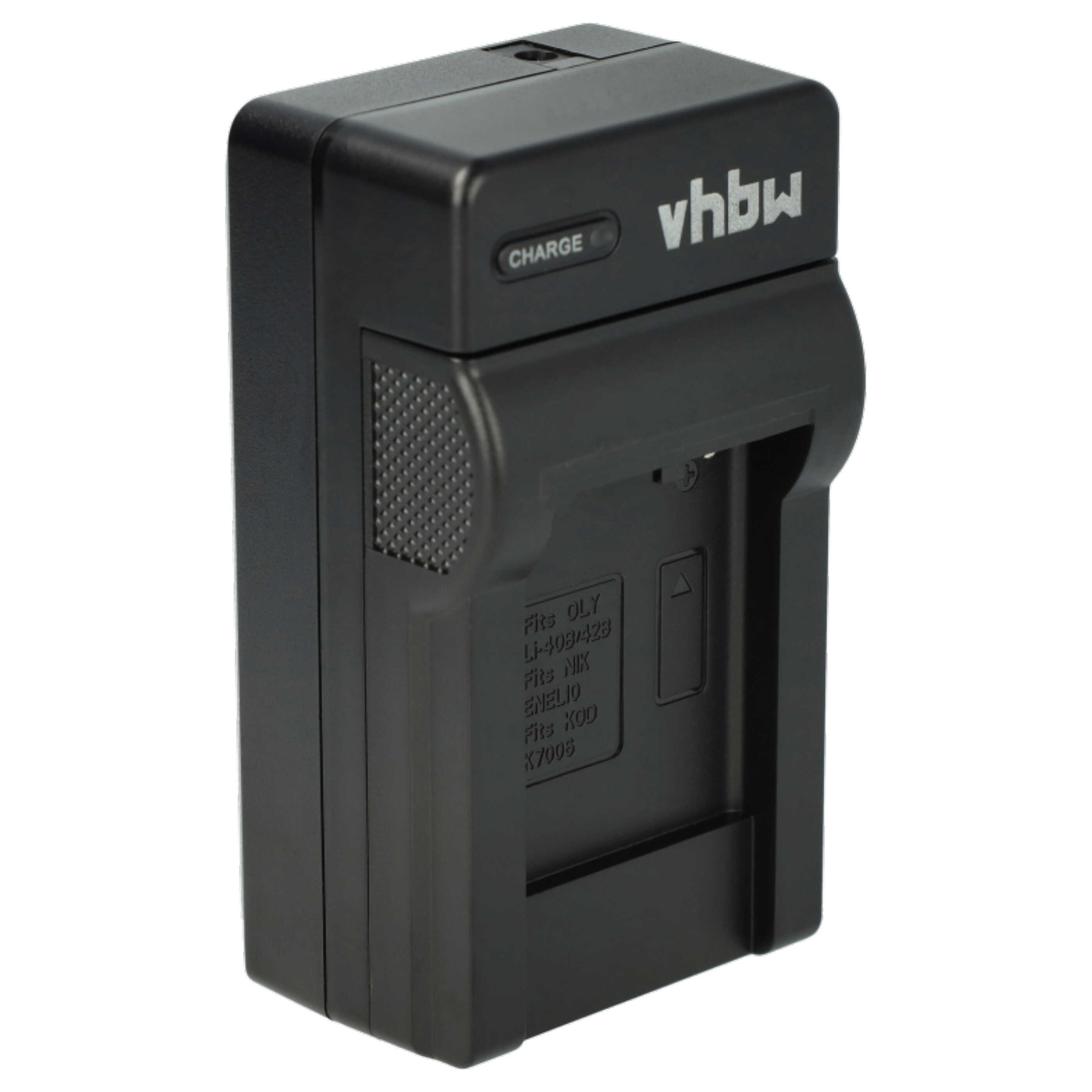 Ein schwarzes VHBW-Batterieladegerät. Es hat eine 'CHARGE'-Taste und Text, der die Kompatibilität anzeigt.
