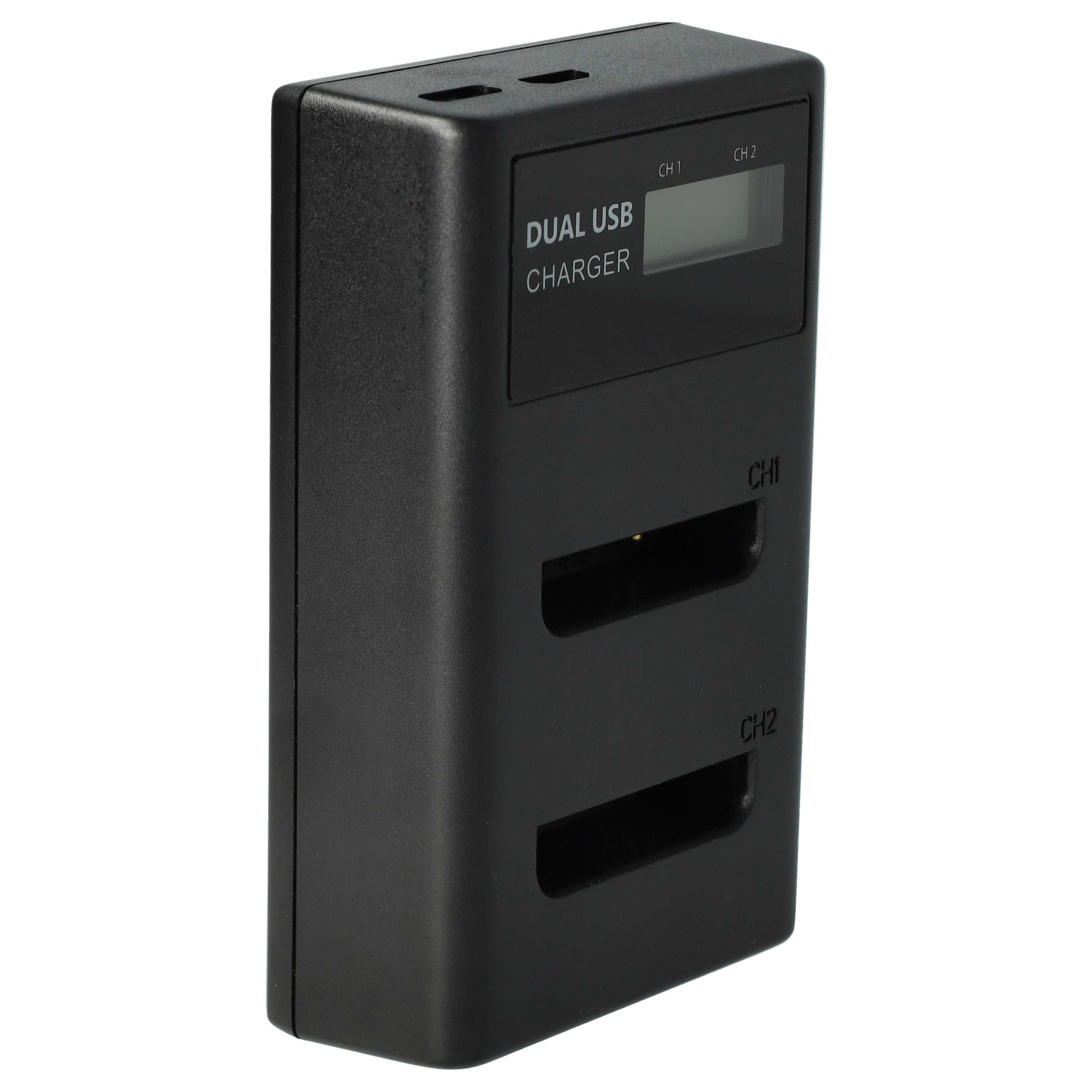 Schwarzes Dual-USB-Ladegerät mit zwei Steckplätzen, einem Display und dem Text 'DUAL USB CHARGER'.
