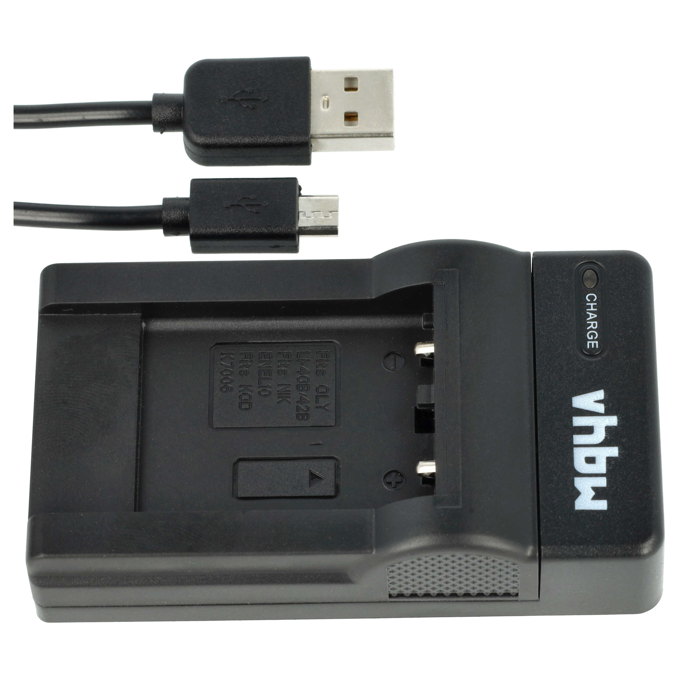 Schwarzes Batterieladegerät mit angeschlossenen USB-Kabeln. Das Ladegerät hat ein Batteriefach und das Wort 'CHARGE'.