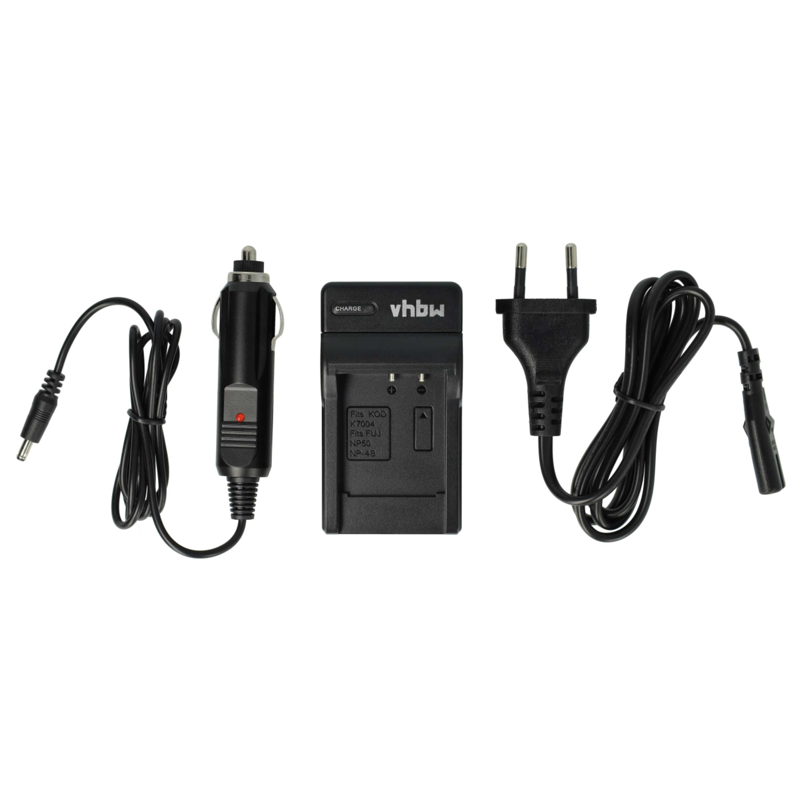 Ein schwarzes Ladegerät mit Auto-Adapter, Netzstecker und Ladestation. Alles auf weißem Hintergrund.