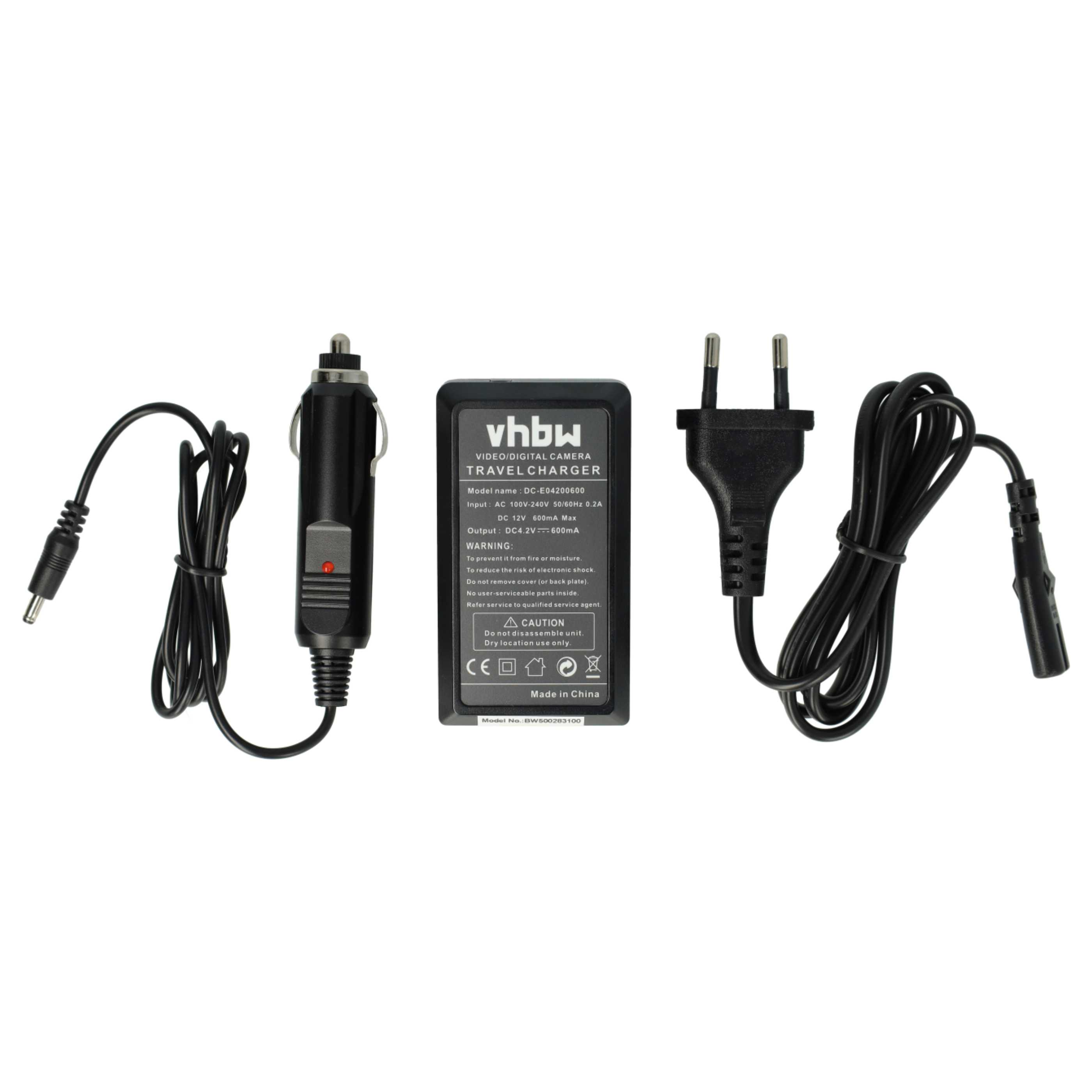 Ein Reise Ladegerät mit Adapter, Ladegerät Block und Netzstecker, verbunden durch schwarze Kabel, auf weißem Hintergrund.