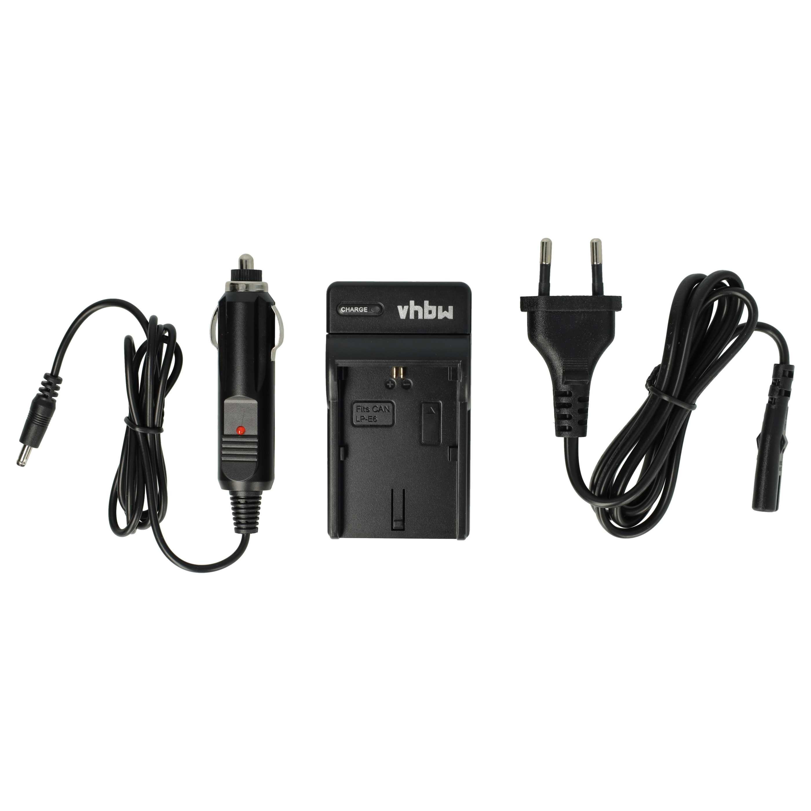Das Bild zeigt ein schwarzes Ladegerät mit einem Auto-Adapter, einer Ladestation und einem Netzstecker, alles auf weißem Hintergrund.