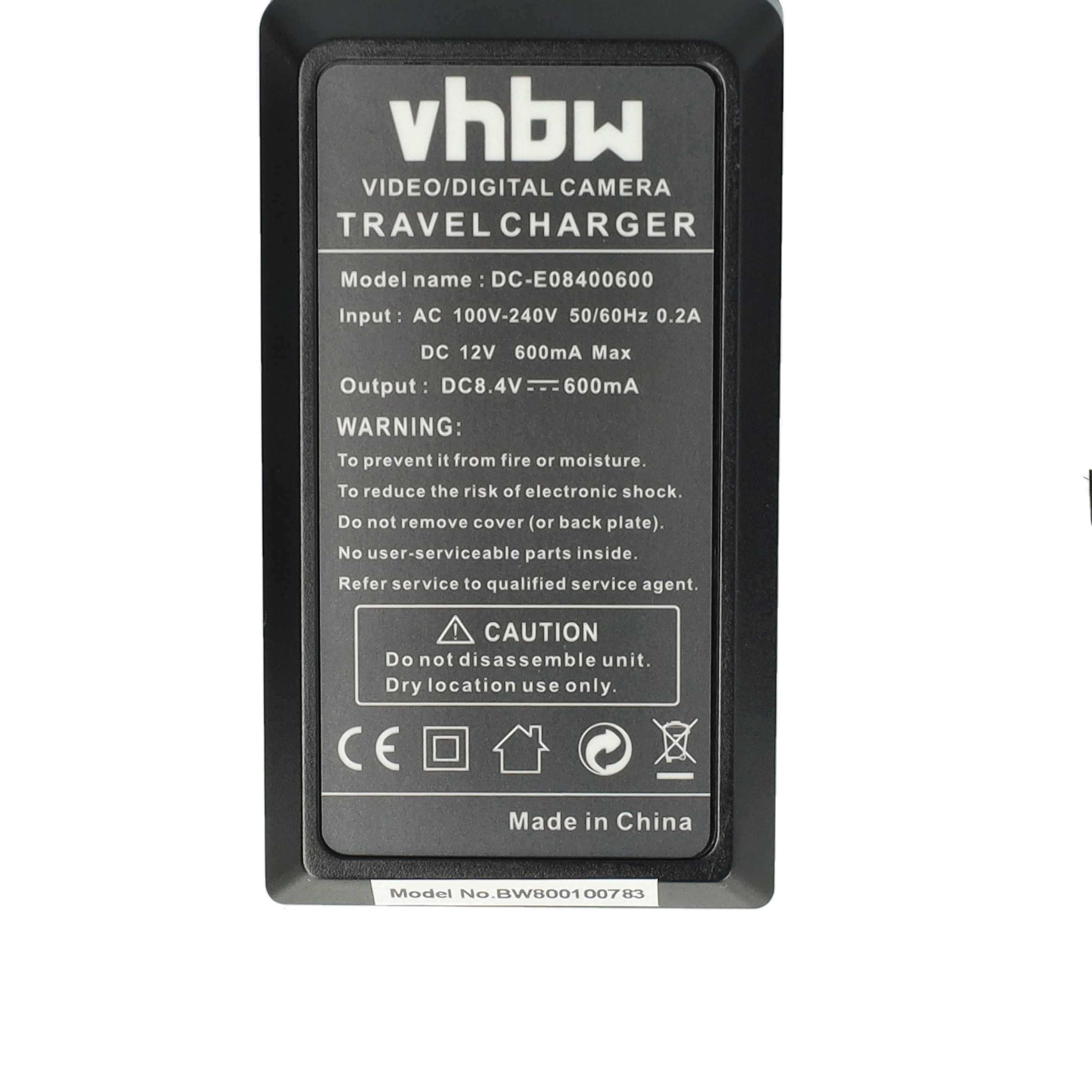 Schwarzes Ladegerät mit weißem Text, 'vhbw'-Logo und Angaben zu Spannung und Warnhinweisen. Hergestellt in China.