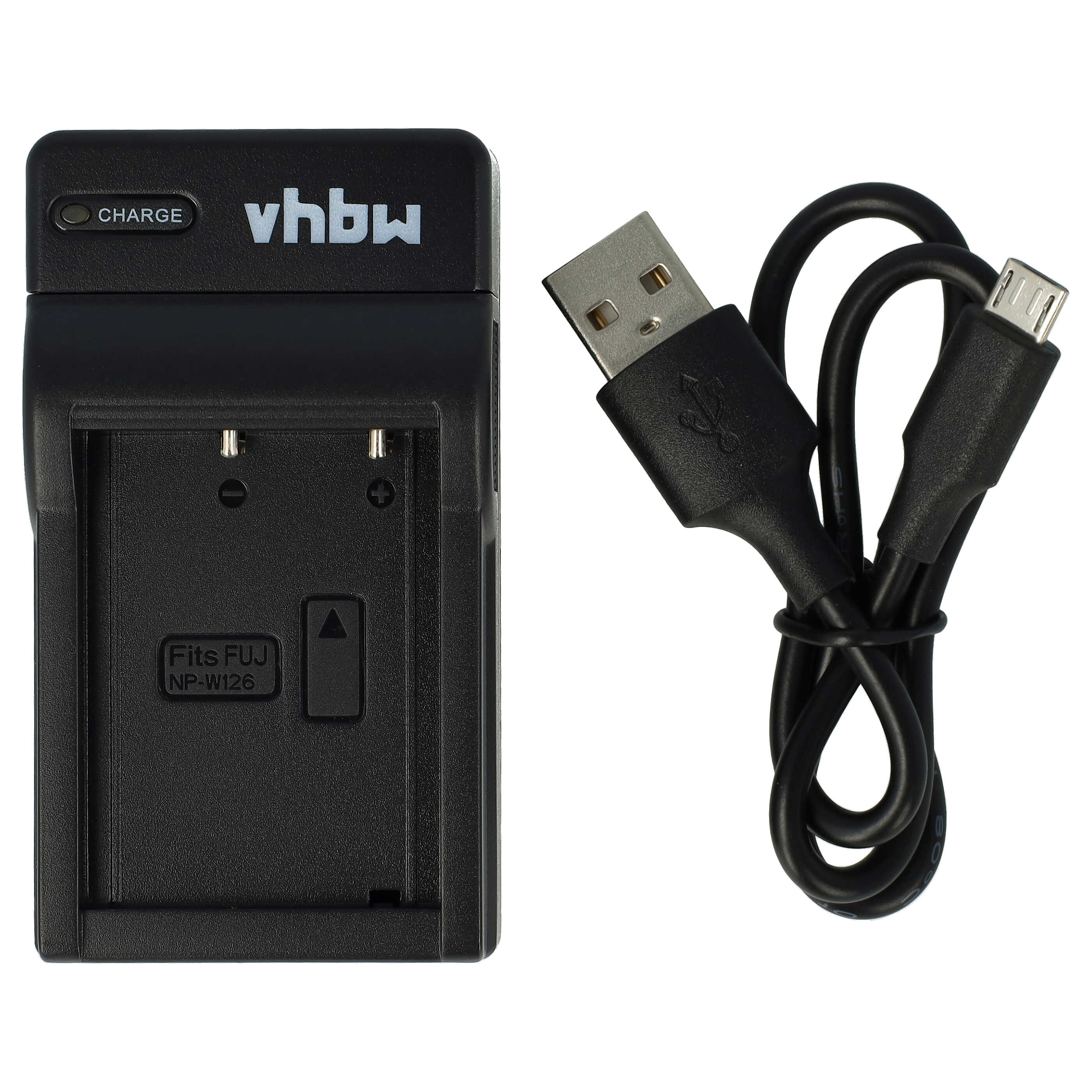 Schwarzes Ladegerät mit USB-Kabel. Auf dem Ladegerät stehen 'vhbw' und 'CHARGE'. Das Kabel ist schwarz.