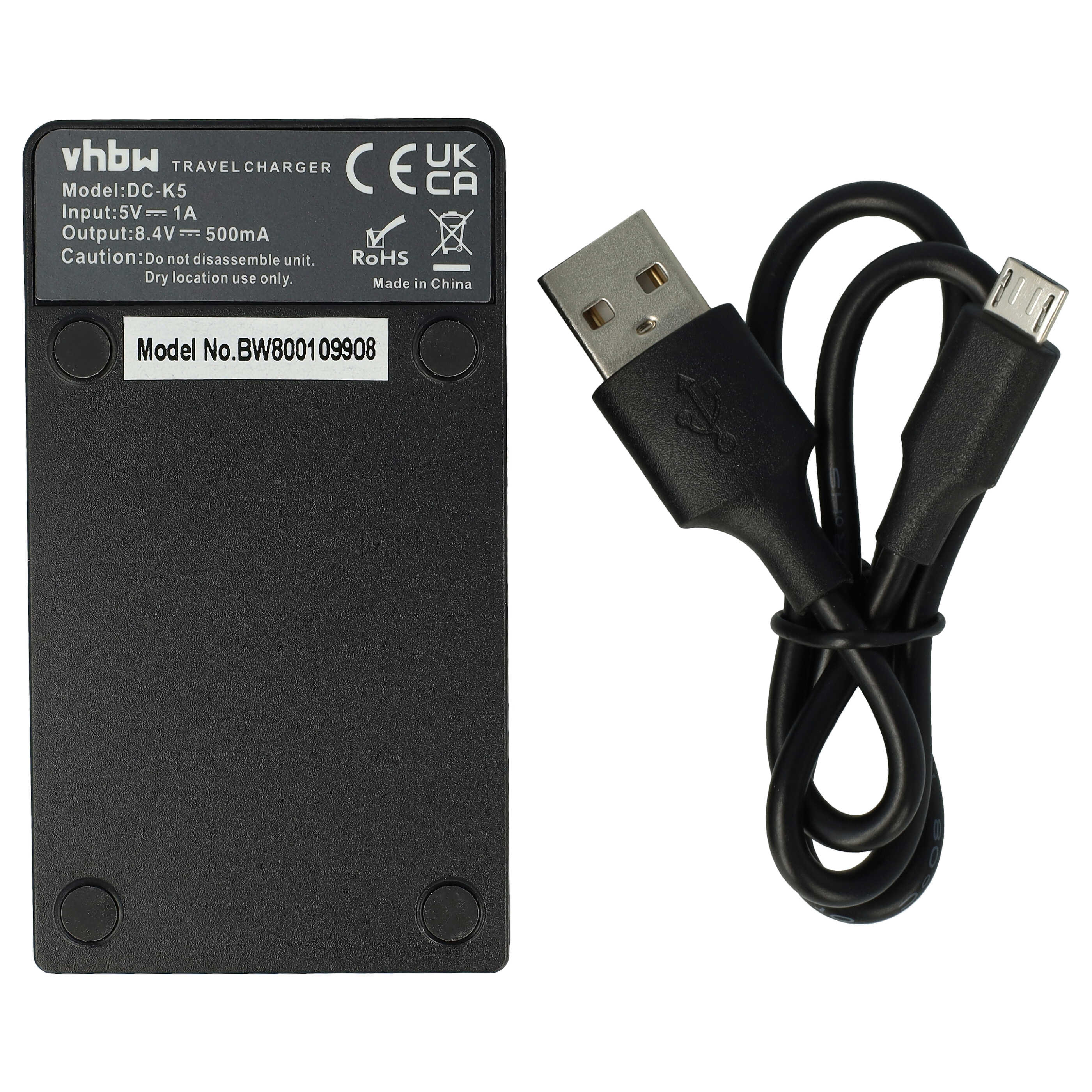 Ein schwarzes Reiseladegerät mit USB-Kabel. Das Ladegerät hat Text und Logos, darunter 'vhbw', 'CE' und 'RoHS'.
