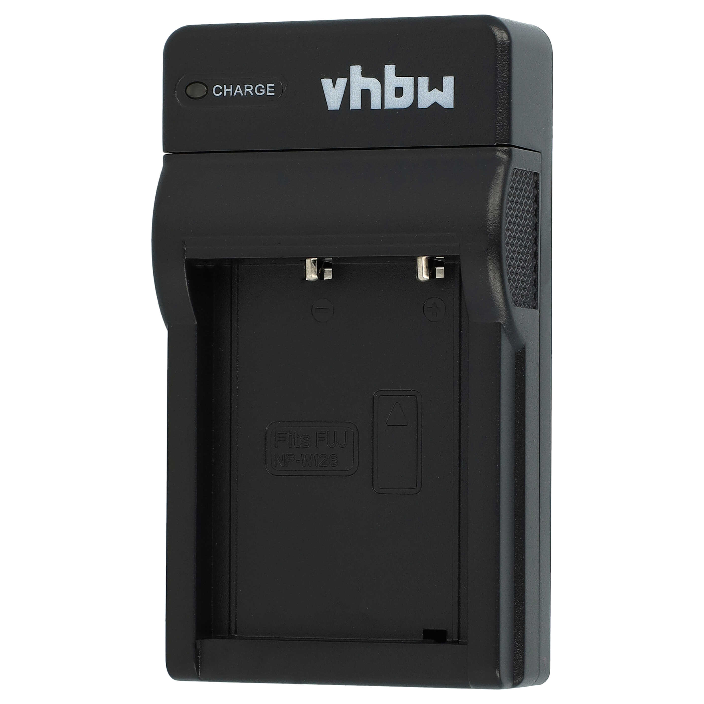 Schwarzes Batterieladegerät mit dem Markennamen vhbw. Es hat eine Ladeanzeige und ein Batteriefach.