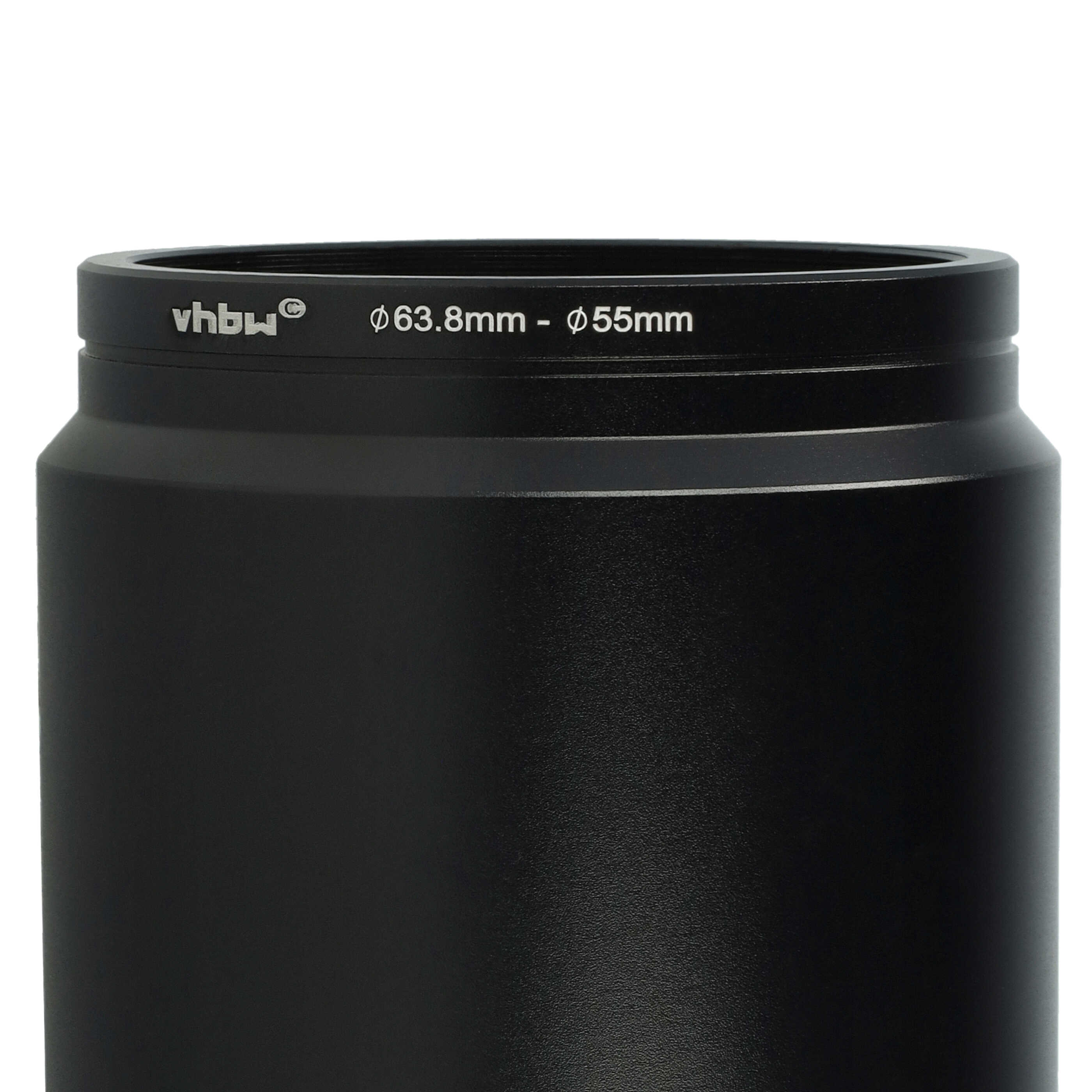 Schwarzer zylindrischer Kameraobjektivadapter. Oben steht: vhbw, ø63,8 mm - ø55 mm. Weißer Hintergrund.