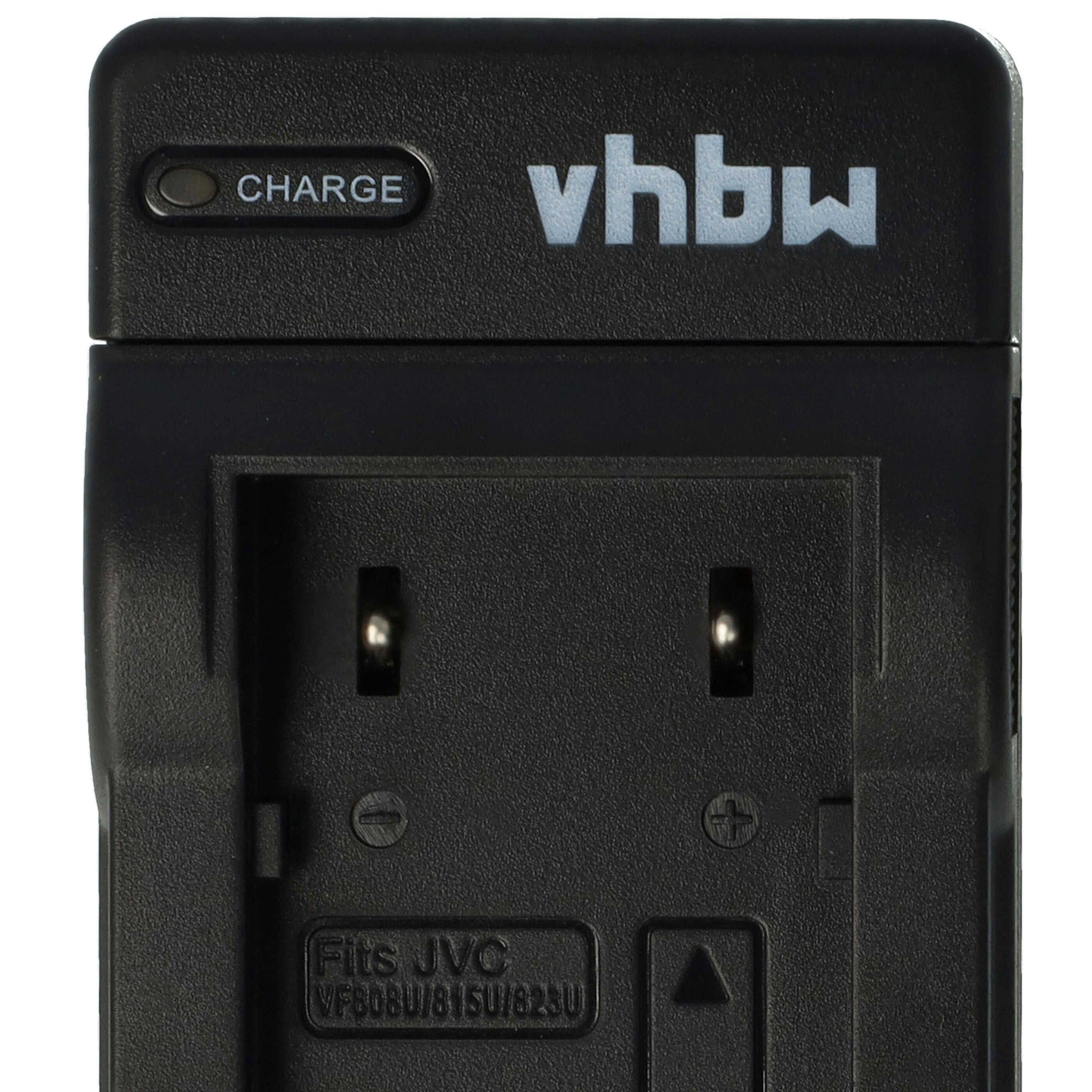 Schwarzes Vhbw-Batterieladegerät. Es hat eine 'CHARGE'-Anzeige, zwei Metallstifte und den Text 'Fits JVC VF808U/815U/823U'.