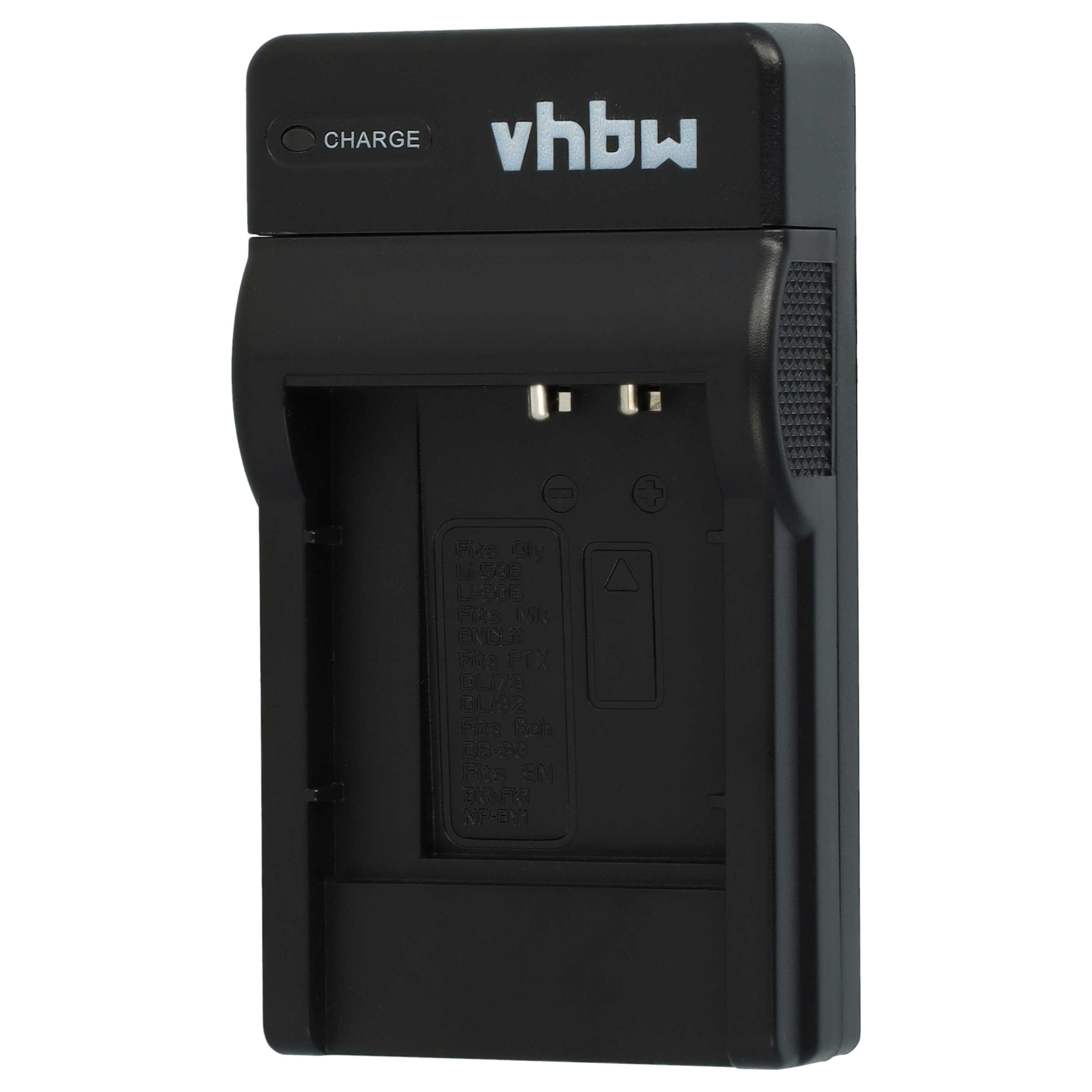 Ein schwarzes vhbw-Ladegerät mit Ladeanzeige. Es hat Schlitze für verschiedene Batteriemodelle.